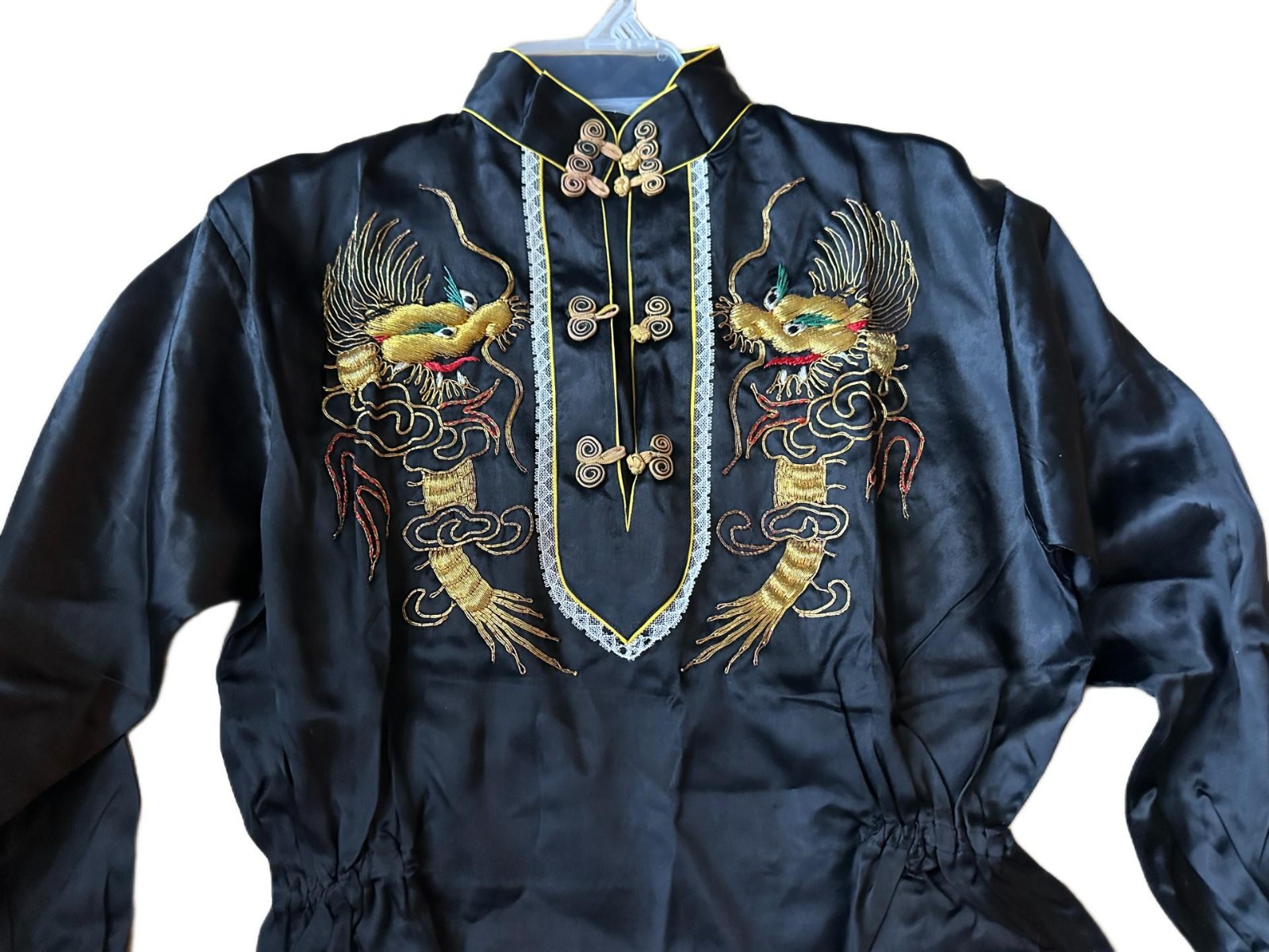 Vintage Chinese Black Silk Tang Suit w/Gold Dragon Embroidery 2 Pc Top & Pants