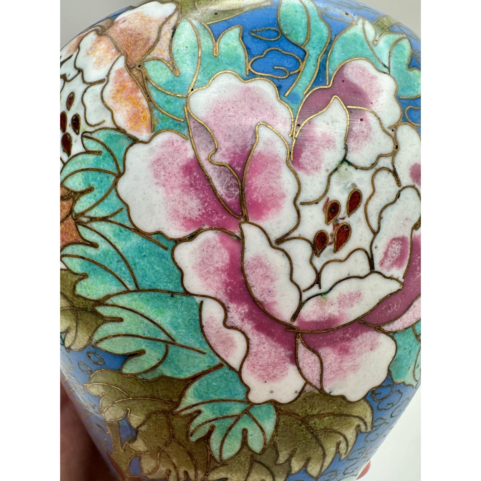Vase Blue Chinese Cloisonné Pink Floral and Leaf Motif Brass Accents