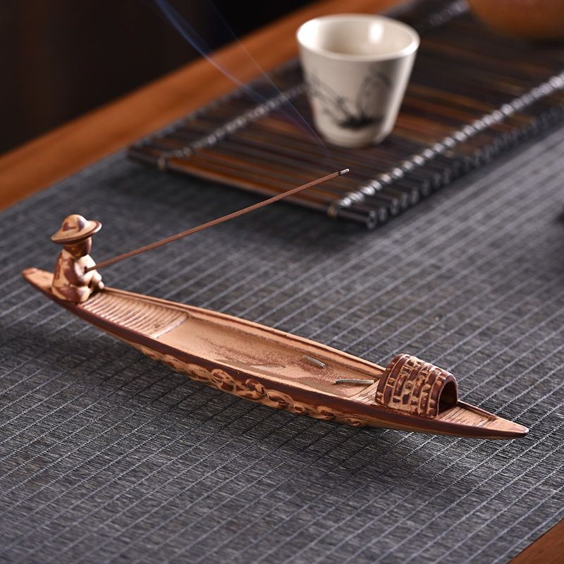 Chinese Leaf Boat Incense Holder Ceramic Stick Base Home Office Ornament Gift