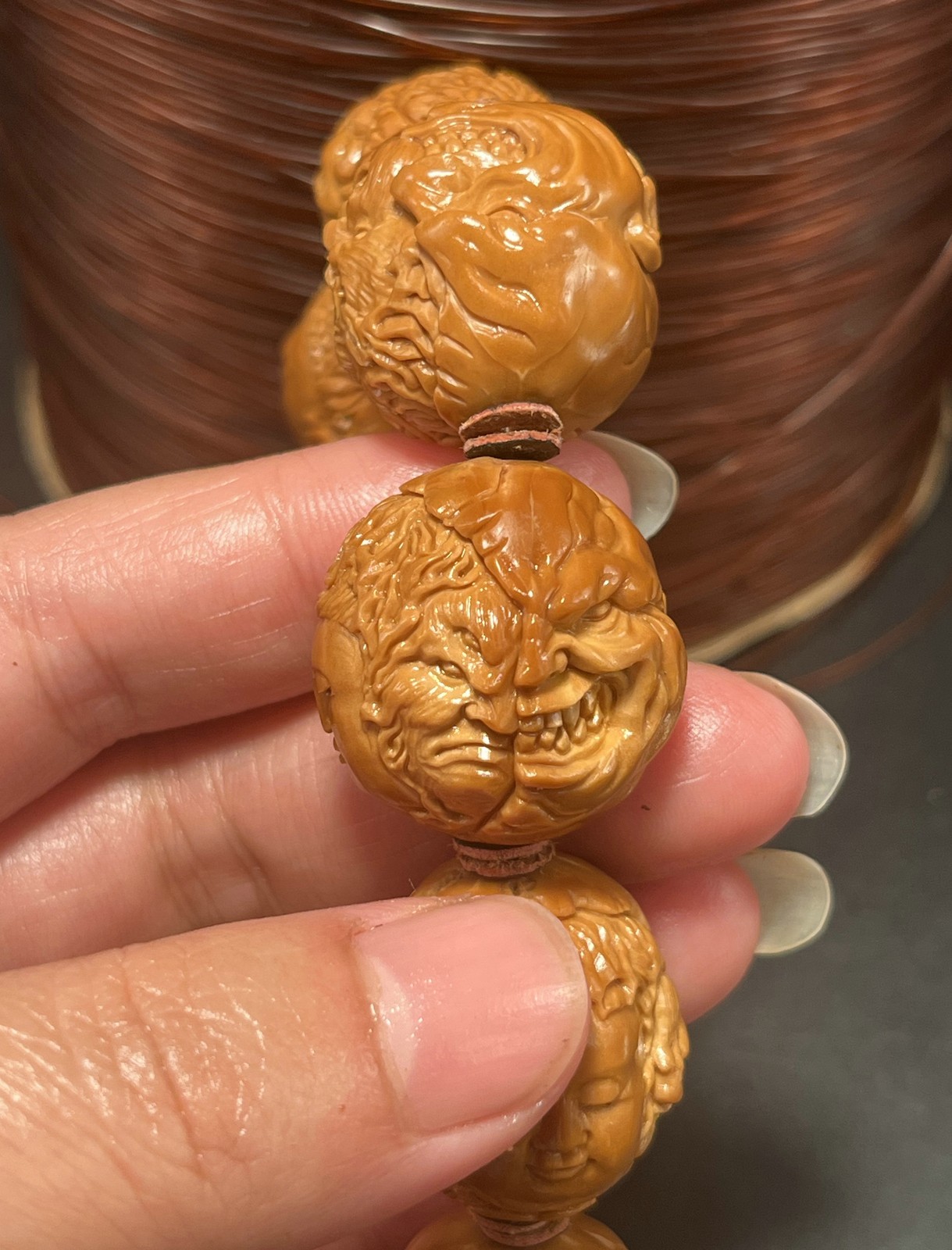 Large Olive Dentoliva Deep Relief Carving “Good Vs. Evil” Fierce Monk Bracelet