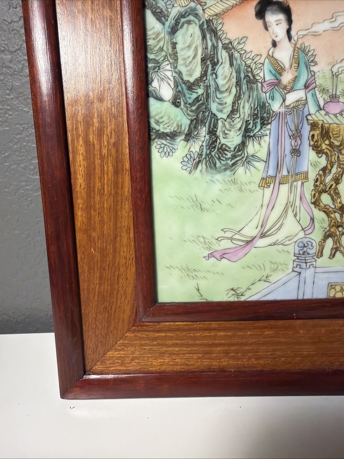 Vtg Chinese Porcelain Painting Interior Scene Plaque Republic Period 1940’s