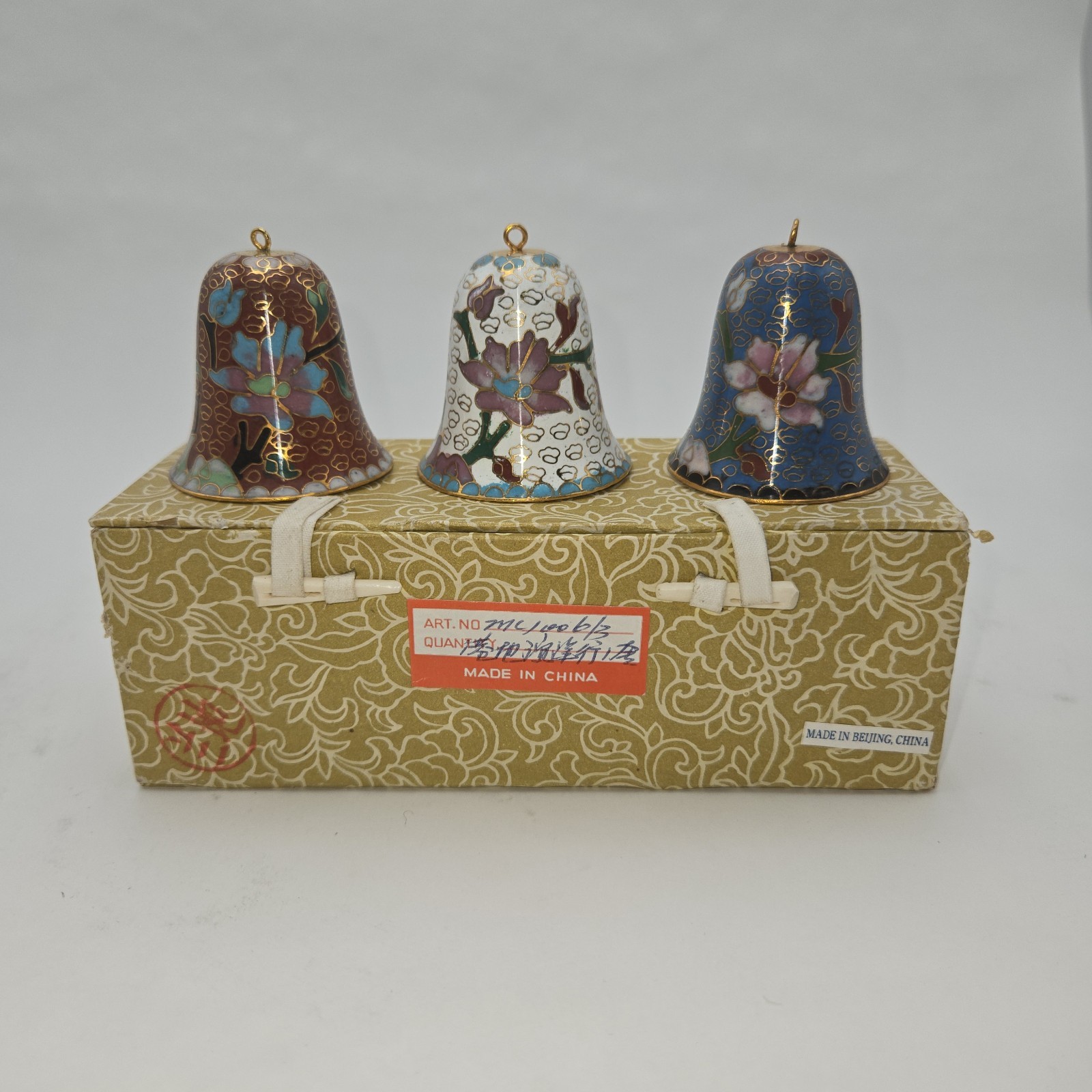 Vintage Chinese Cloisonné Bells Set of 3 Brass Enamel Ornaments Boxed 1980s