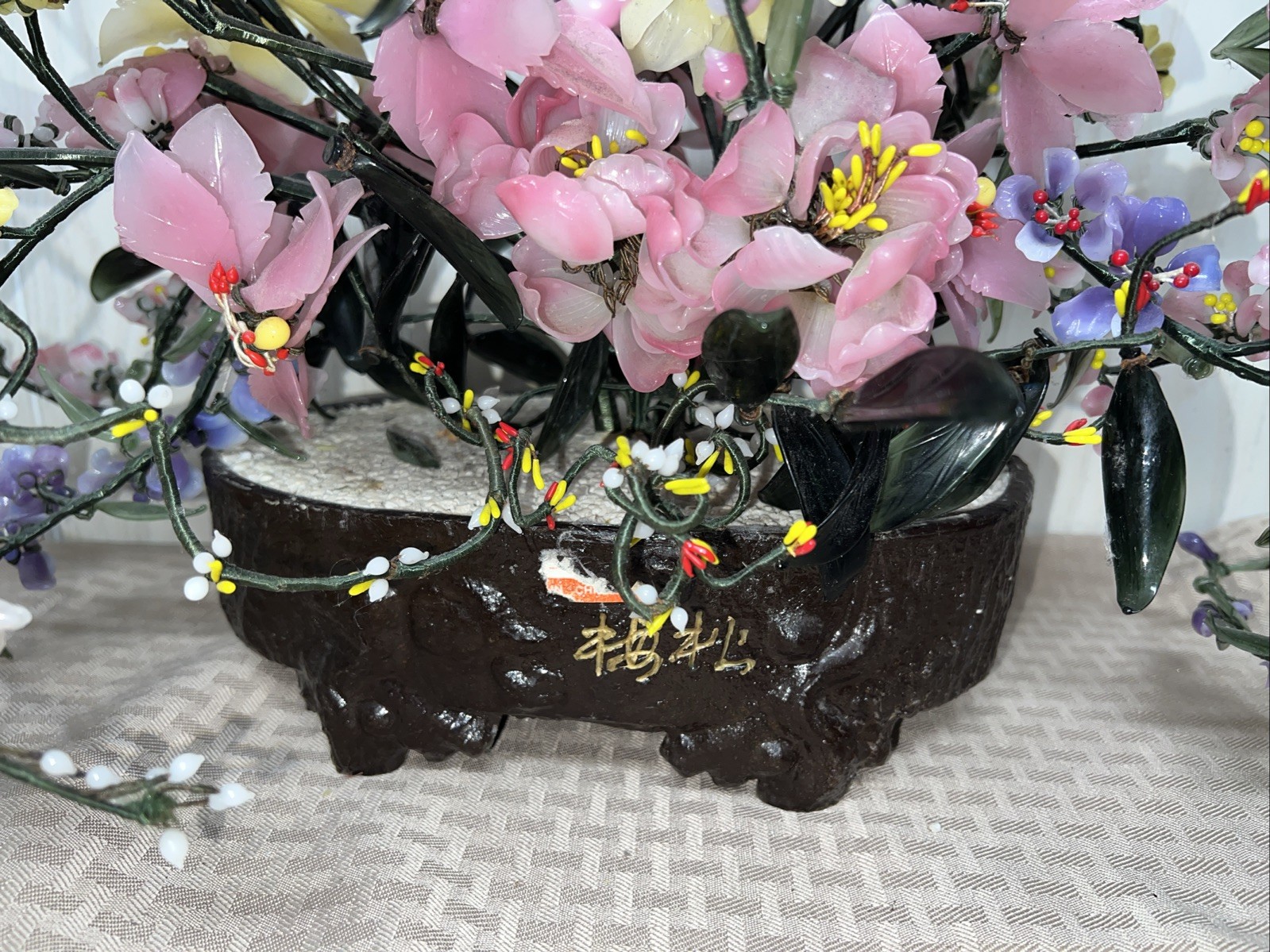 Vtg Jade Bonsai Flower Tree Pot Green Pink Quartz Glass Plant Large China