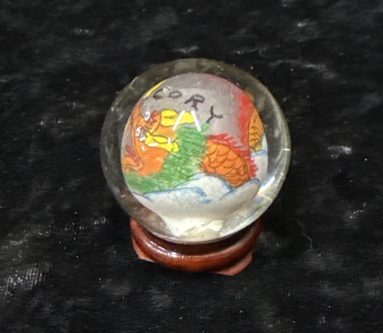 Chinese reverse painted Glass Ball Sphere Orb Dragon w/Stand 1 3/4″ x 1 1/2″