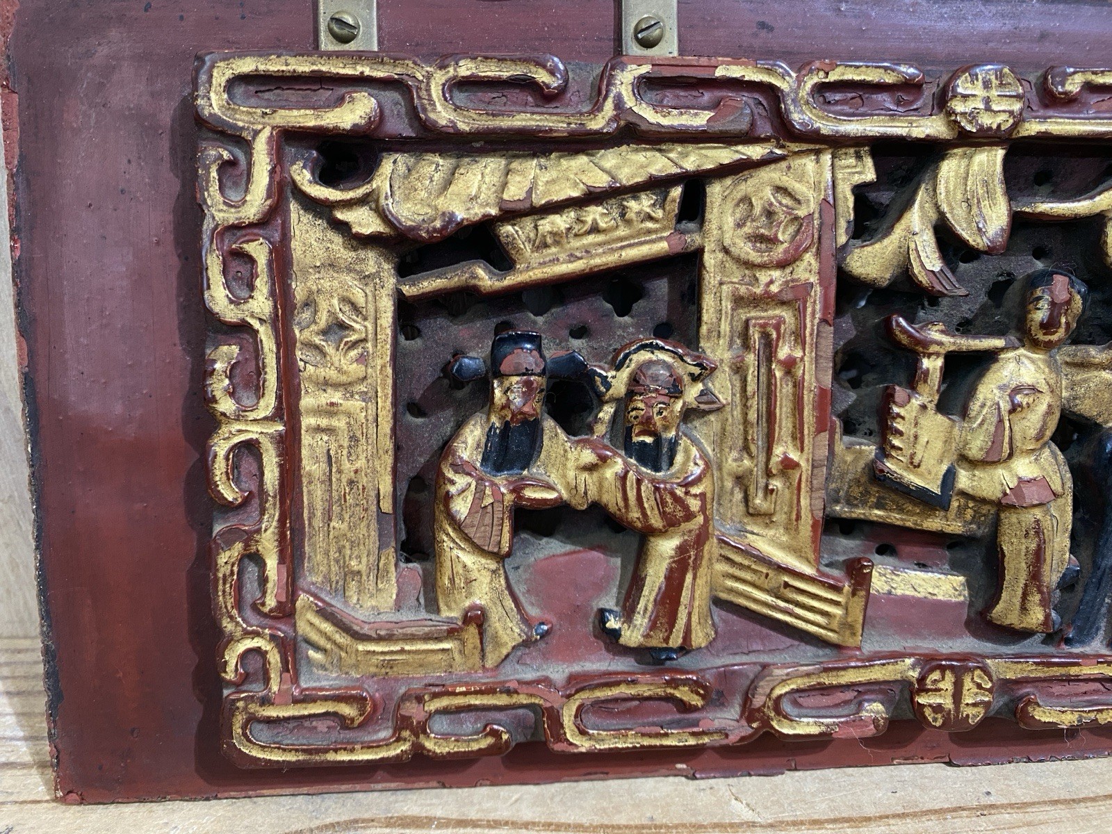 Distressed Carved Gilt Wood Chinese Panel Plaque Brass Hanger