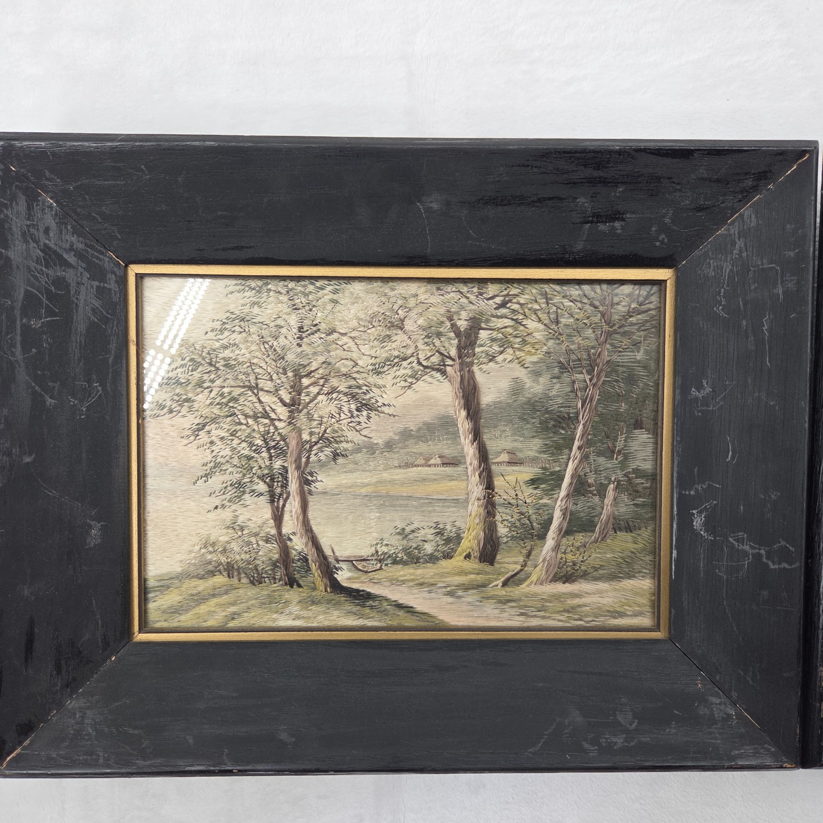 VTG Asian Silk Hand Embroidery Landscape Framed Art Set of 2 Thor Solberg Frames