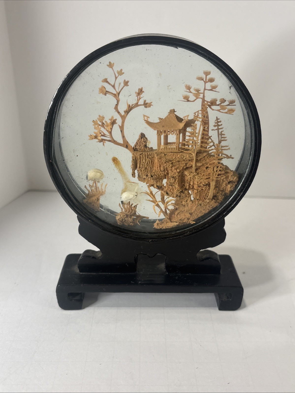 Vintage Hand Carved Cork Wood Diorama Under Glass Pagoda Cranes 6”