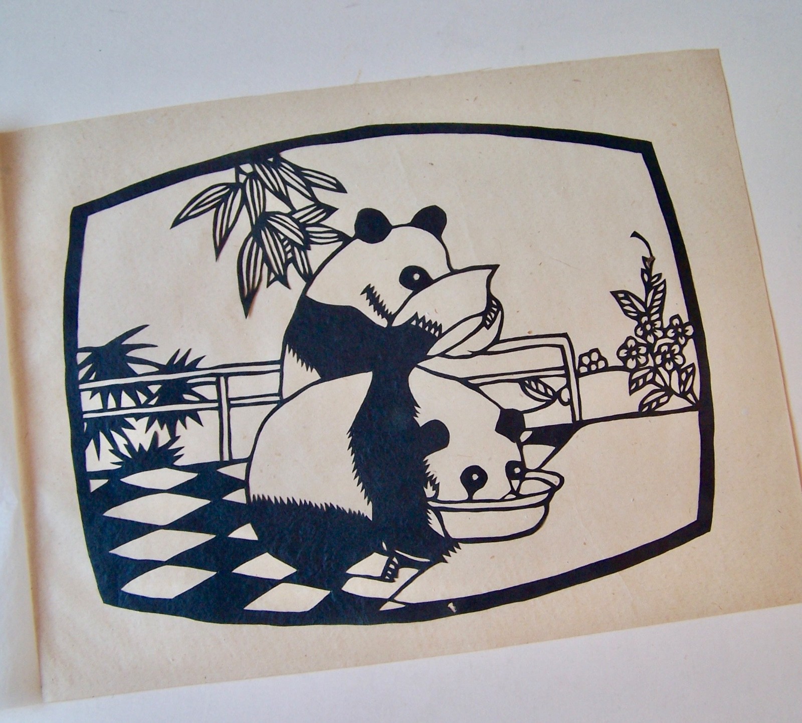 6 VINTAGE CHINESE PAPER CUTS IN ORIGINAL FOLDER PANDAS 6.5 X 5.25″ UNFRAMED
