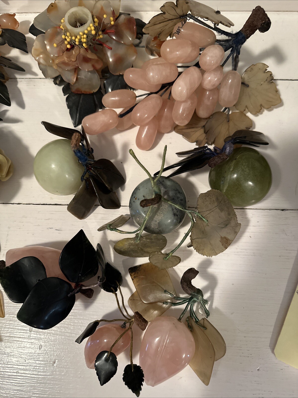 Group Chinese Carved Jade, Agate, Rose Quartz Gemstone Flowers Fruits Vegetables