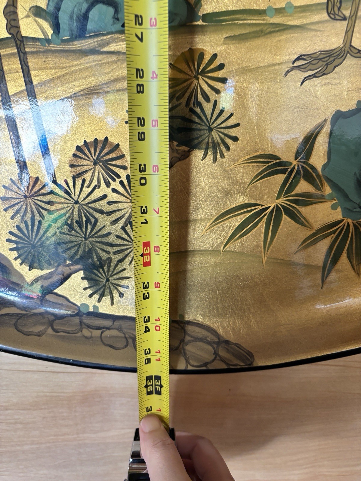 Vintage Chinese Lacquered Wood Painting Crane with Pine tree Display Tray