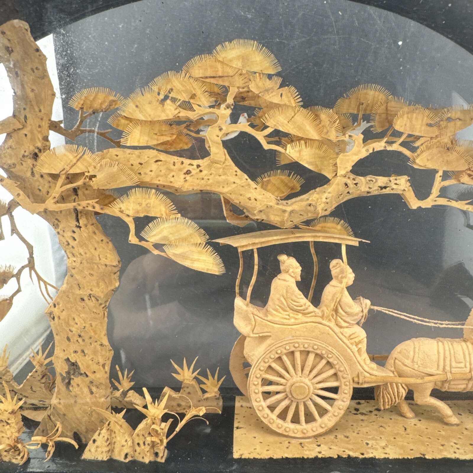 Vintage Chinese Glass Enclosed Cork Diorama Bamboo Art Framed Curved Top 💥