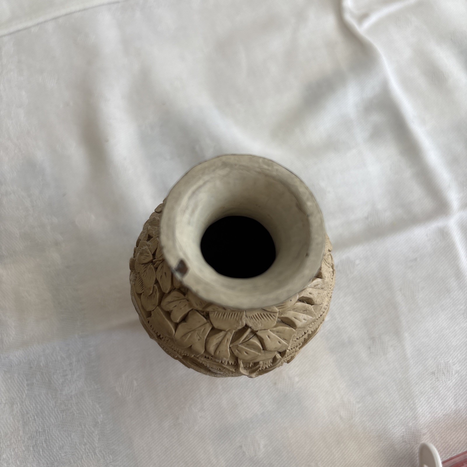 Vintage White Chinese Cinnabar Vase Small 3” Pre-1980 Original Carvings