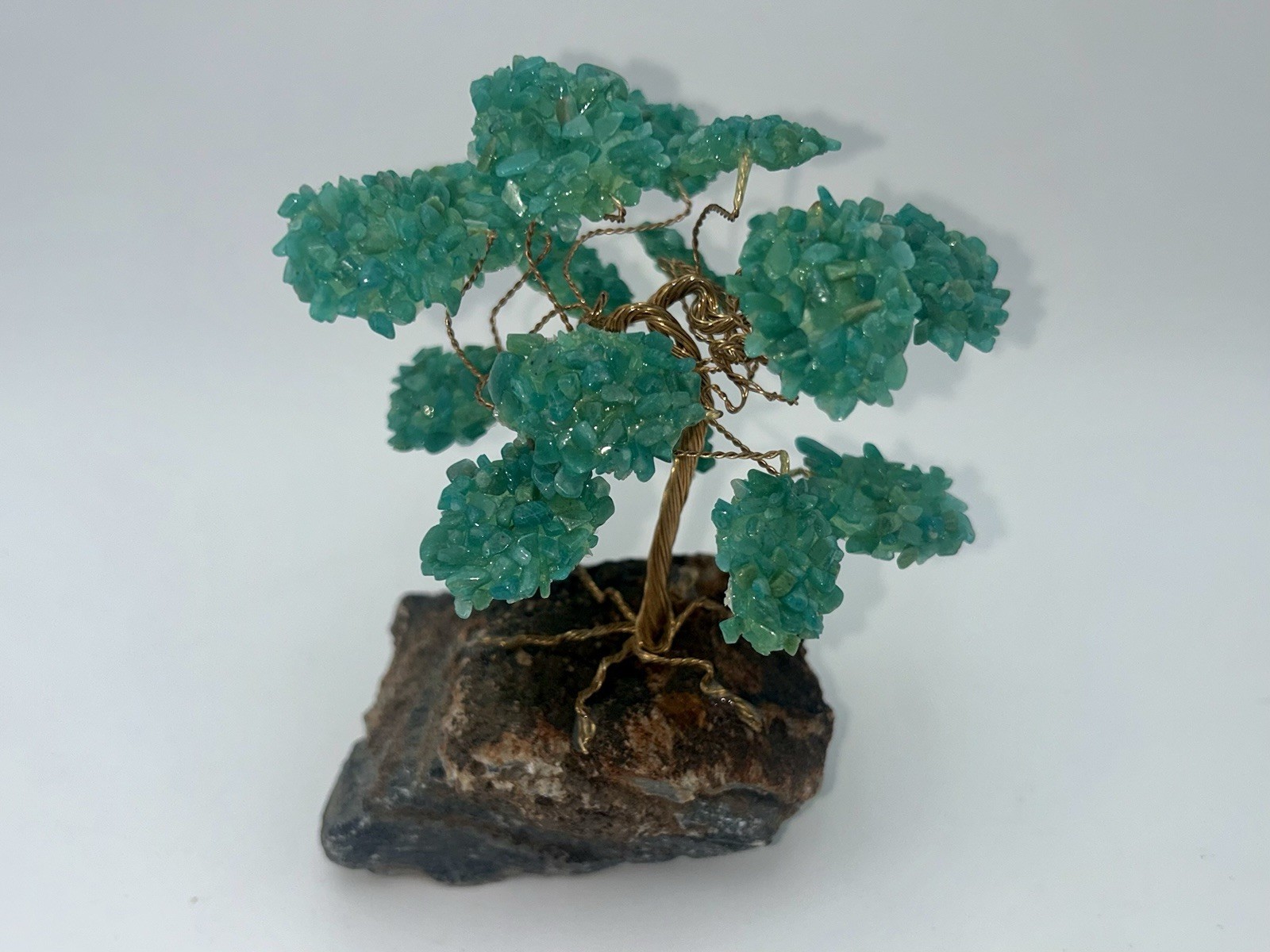 Vintage Crystal Bonsai Tree Sculpture Copper Wire on Natural Stone Base.