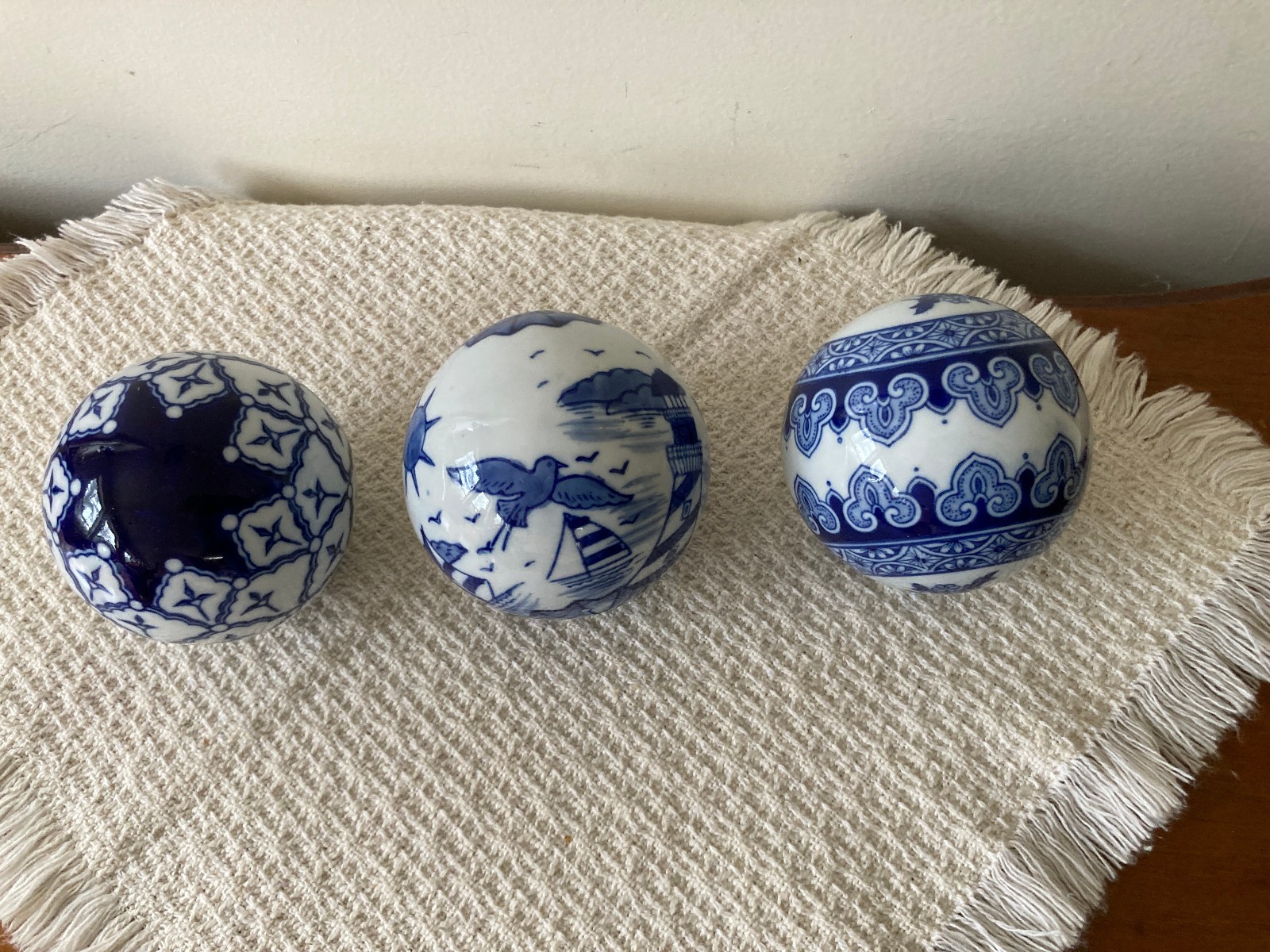 Lot~3 Cobalt Blue & White Carpet Balls 3.25-3.5″ Geometric Patterns & Lighthouse