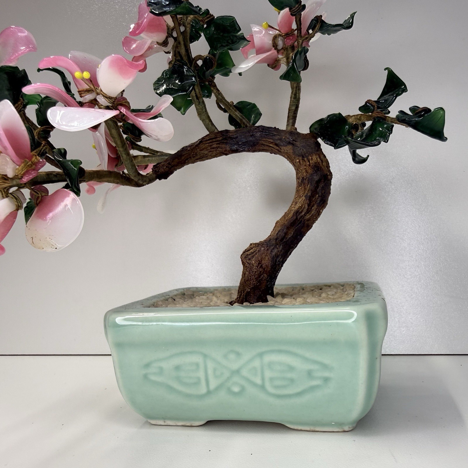 Vintage 1980’s Glass Jade Cherry Blossom Bonsai Tree