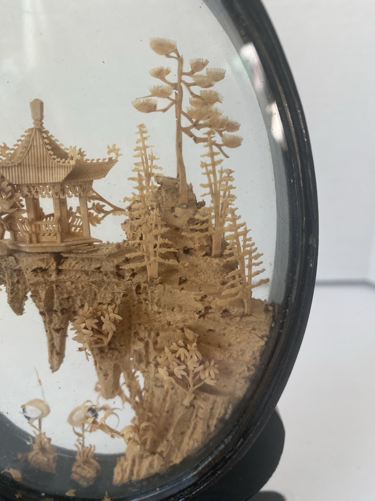 VTG Oriental Hand Carved Cork Art Diorama Pagoda Lacquer Frame Asian Chinese