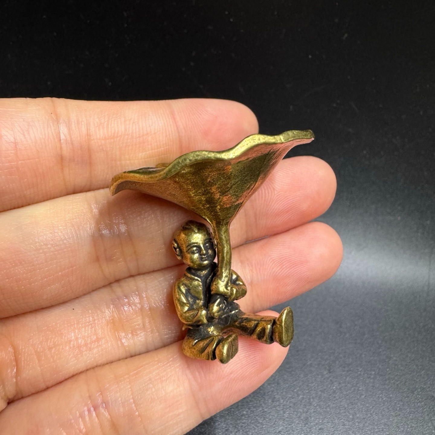 Vintage Brass Boy Holding Lotus Leaf Tray Incense Holder Tiny Jewelry Storage