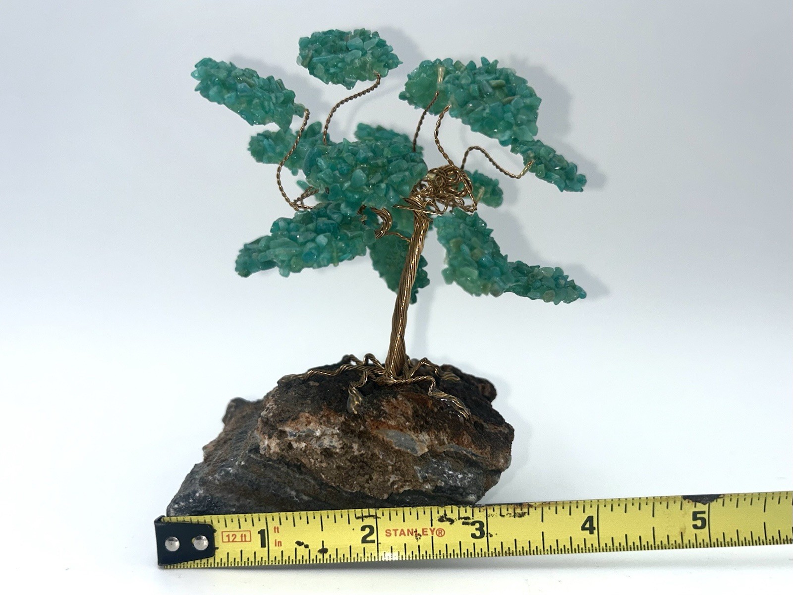 Vintage Crystal Bonsai Tree Sculpture Copper Wire on Natural Stone Base.