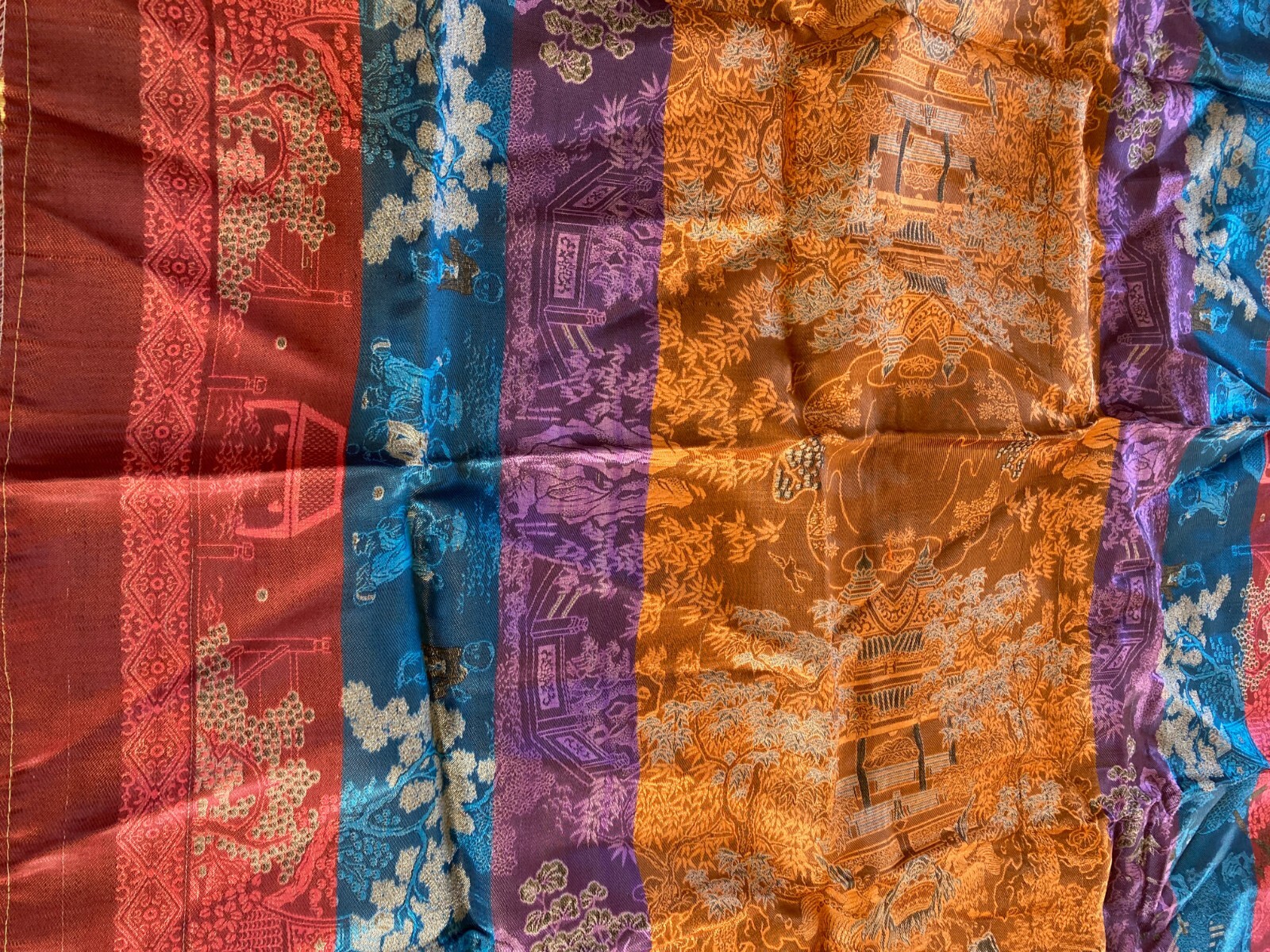 Vintage Silk Satin Brocade Piano Shawl Gold 48″ Fringes Excellent WWII