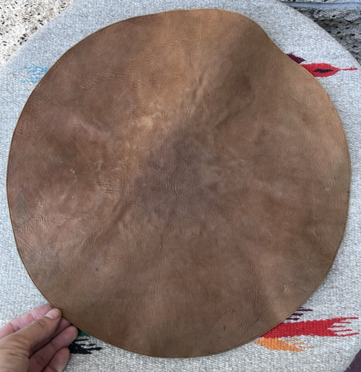 Antique Chinese Asian Leather Embroidered Silk Roundel Art Panel 15″ Qing Floral