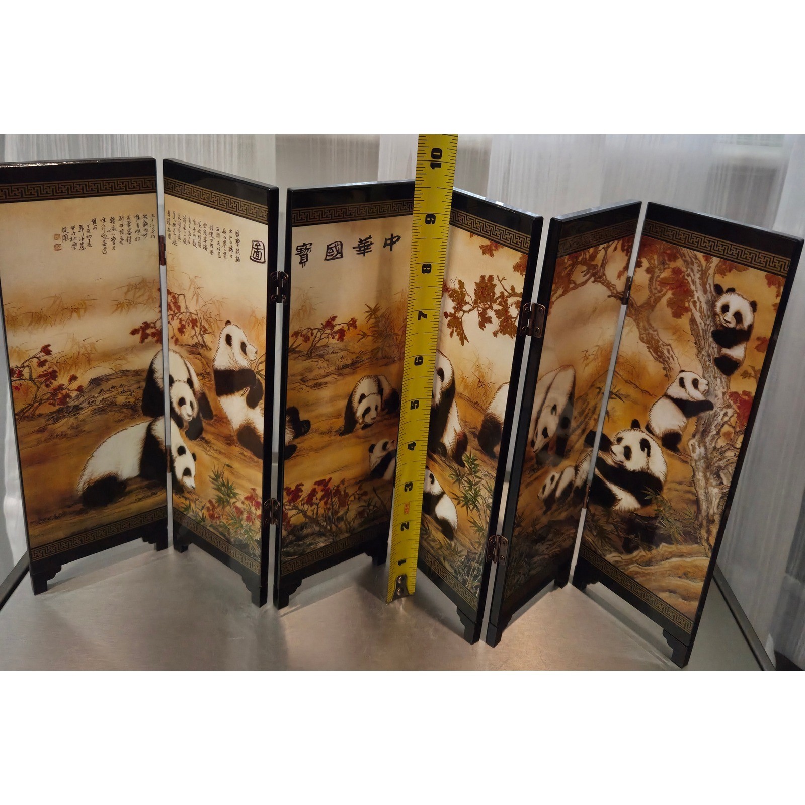 Vintage Chinese Lacquer 6 Panel Folding Mini Screen Panda Black Gold 9.5in x18.5