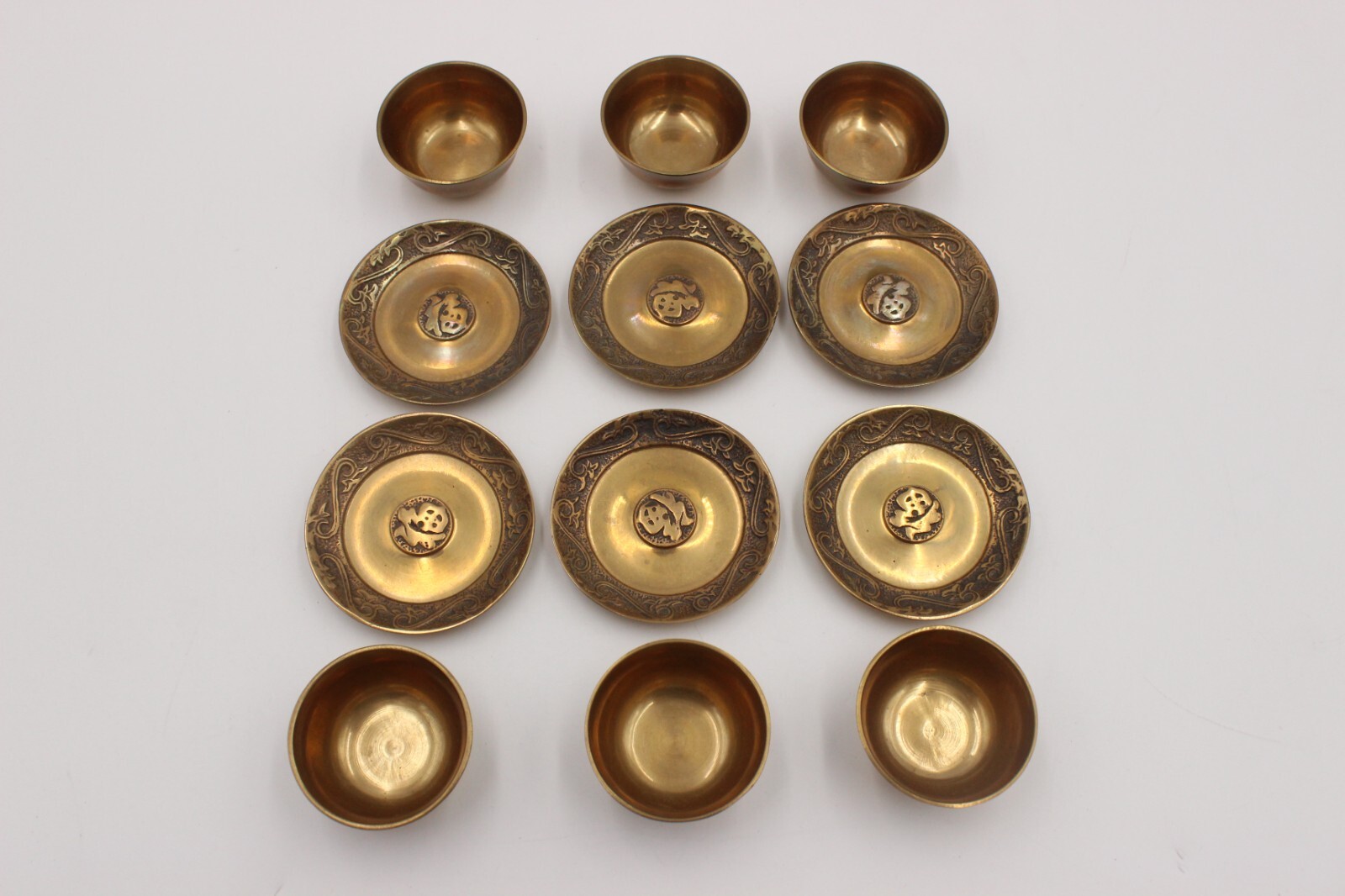 Vintage Handmade Chinese Calendar Brass Zodiac Signs Tea Set Unmarked Unsigned