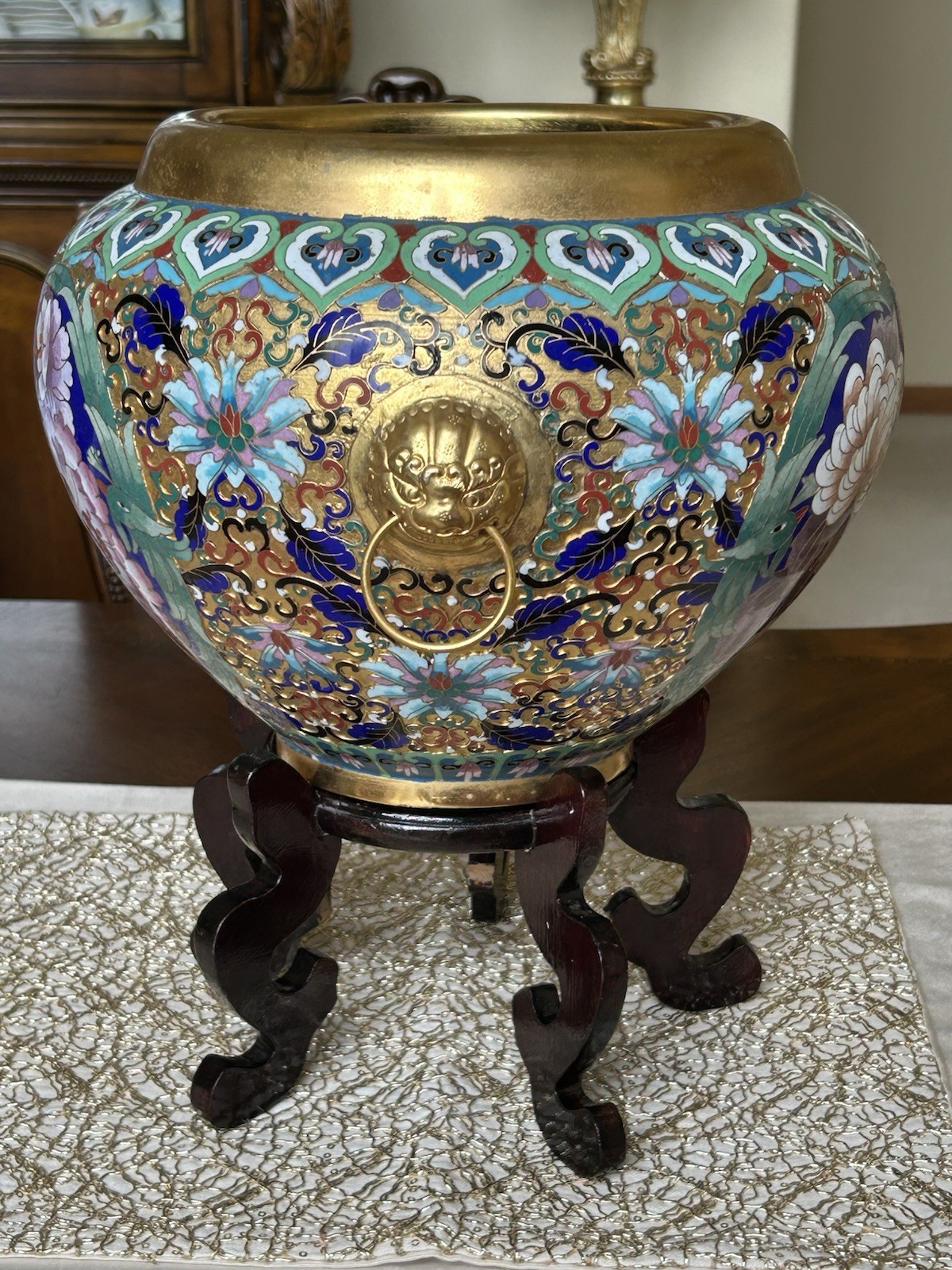 Chinese Cloisonné Planter Flower Pot Peonies Birds Lion Head Accent Brass