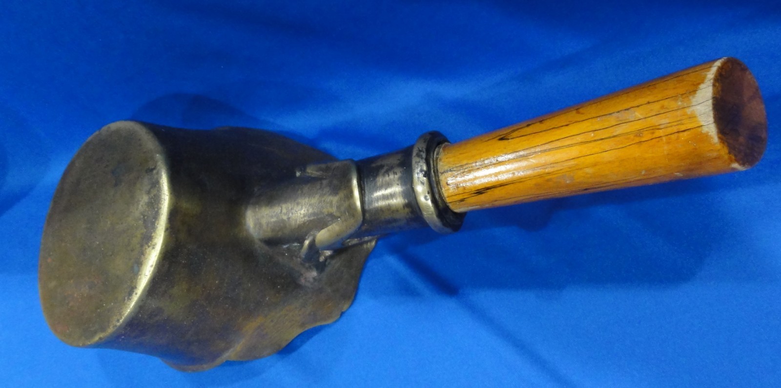 ANTIQUE CHINESE BRONZE CHARCOAL SILK IRON, HEAVY DUTY, 13.75” LONG, WOOD HANDLE