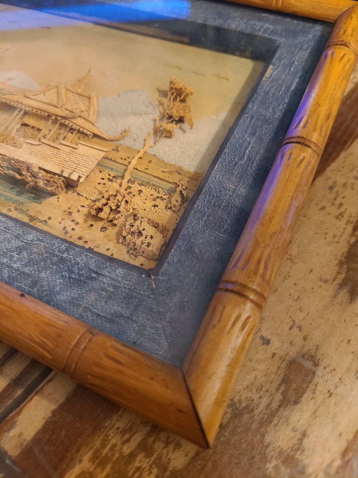 Vtg Chinese Hand Carved Cork Diorama Under Glass Frame Artwork 8.5×6.5″
