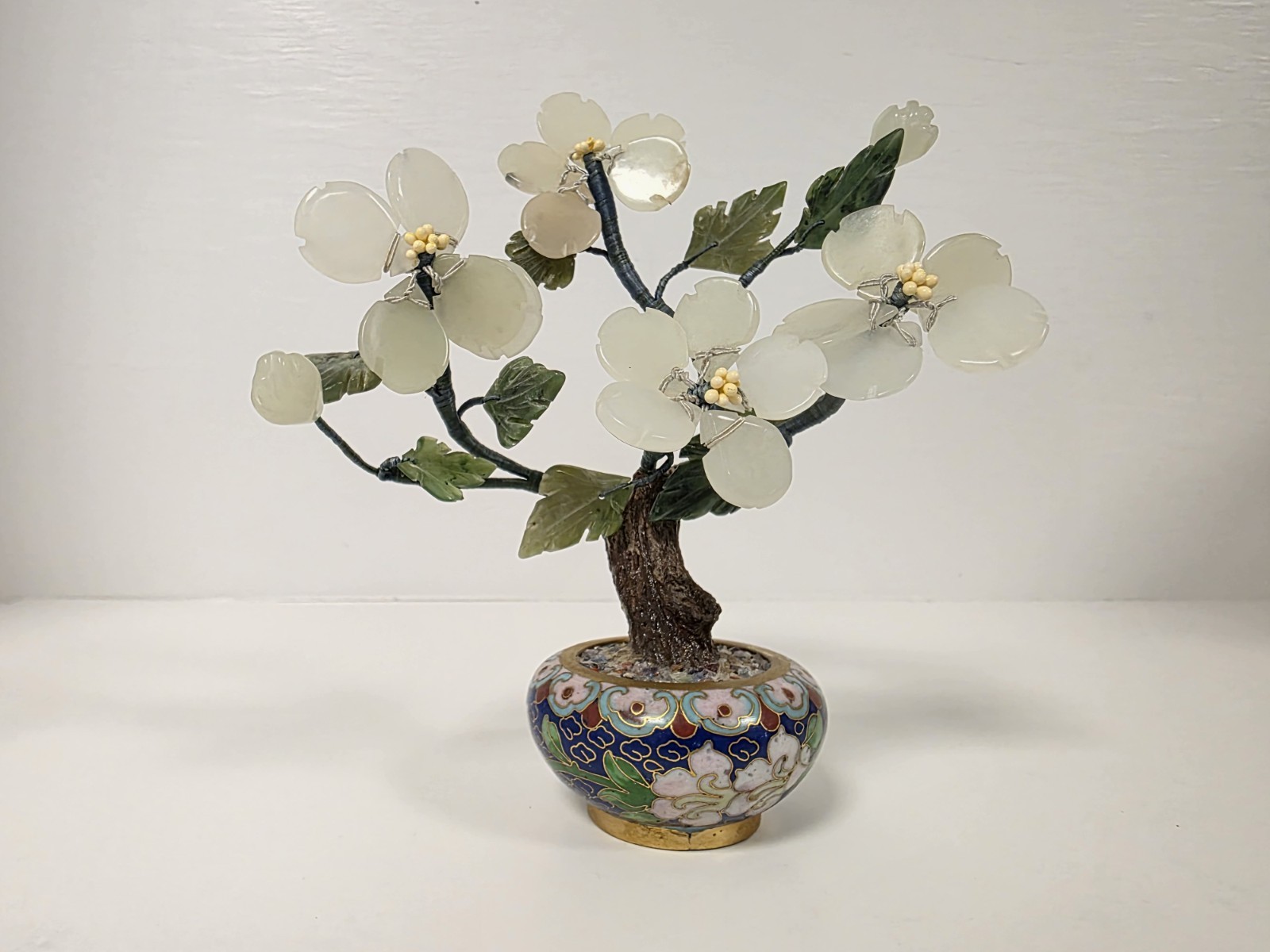 Asian Bonsai Tree Blossom Cloisonne Floral Pot White And Green Stone Jade?