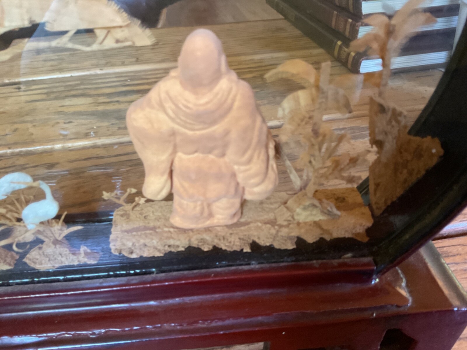 Large Hand Carved Cork Wood Diorama Asian Crane Pagoda Trees Vtg Art Glass Case