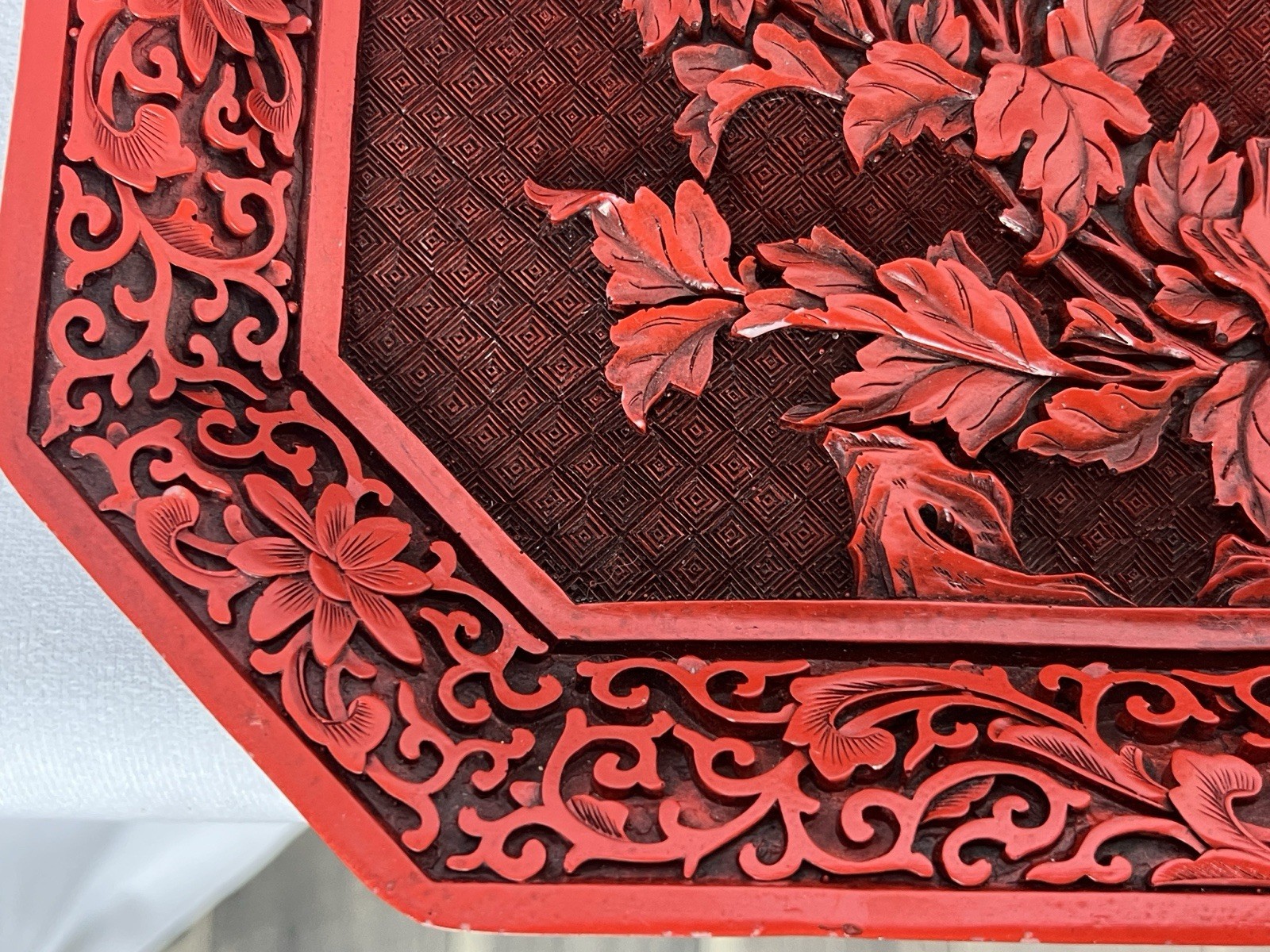 Vintage Chinese Cinnabar Lacquer Serving Tray Platter Carved Peony Floral 14×10″