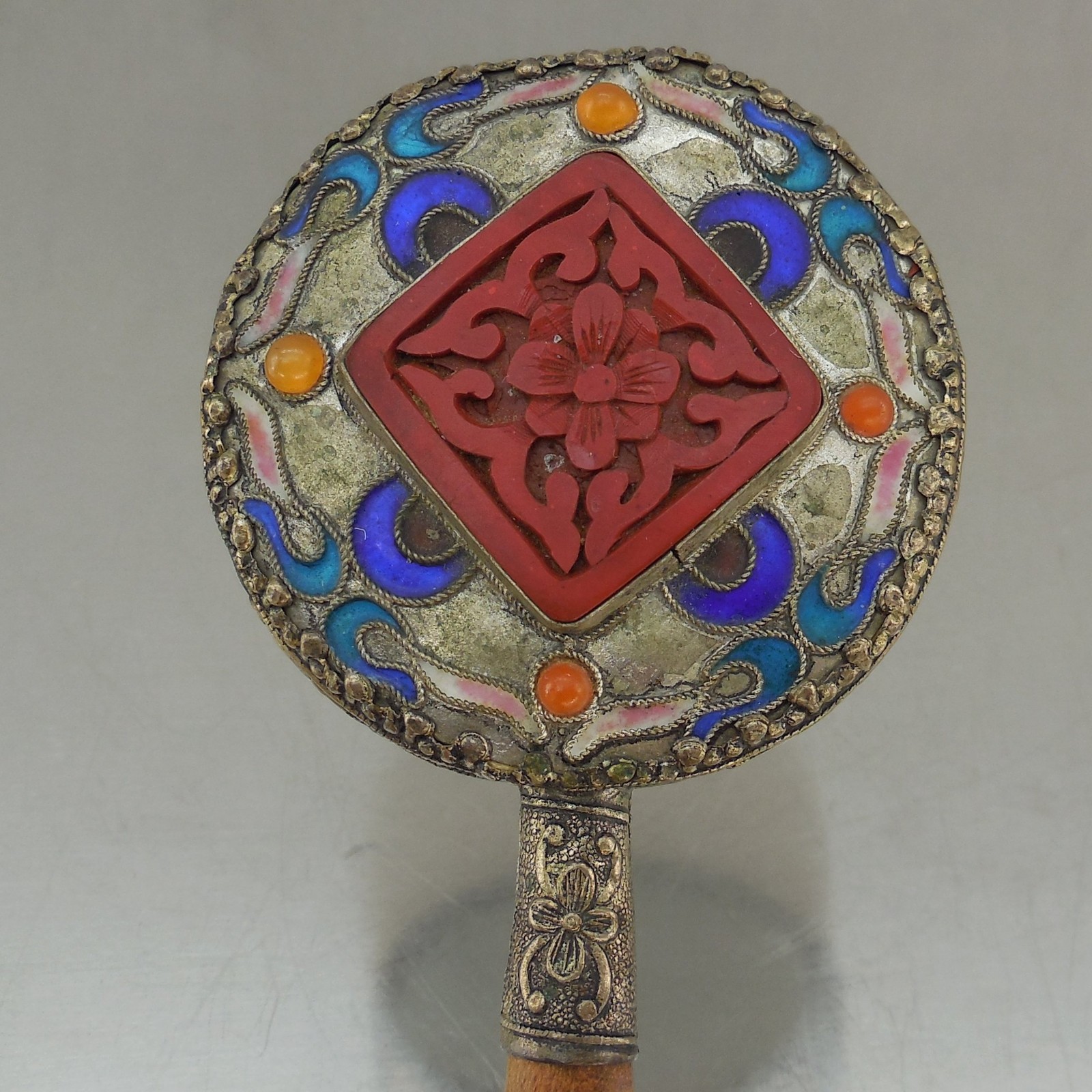 Vintage Chinese Cloisonne Hand Vanity Mirror Carnelian Cinnabar Silver Metal 6″