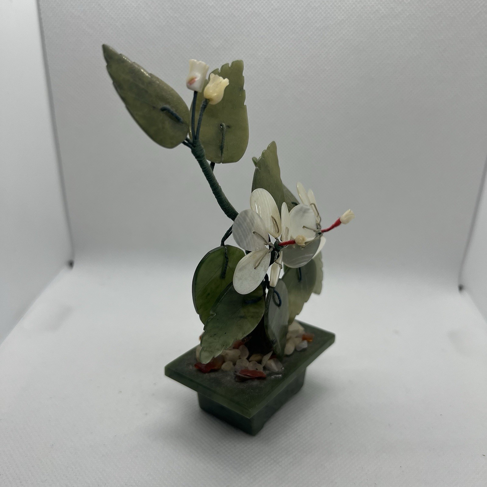 Sweet Small Asian Mother of Pearl & Jade Bonsai Tree Figure in Celadon Green Pot