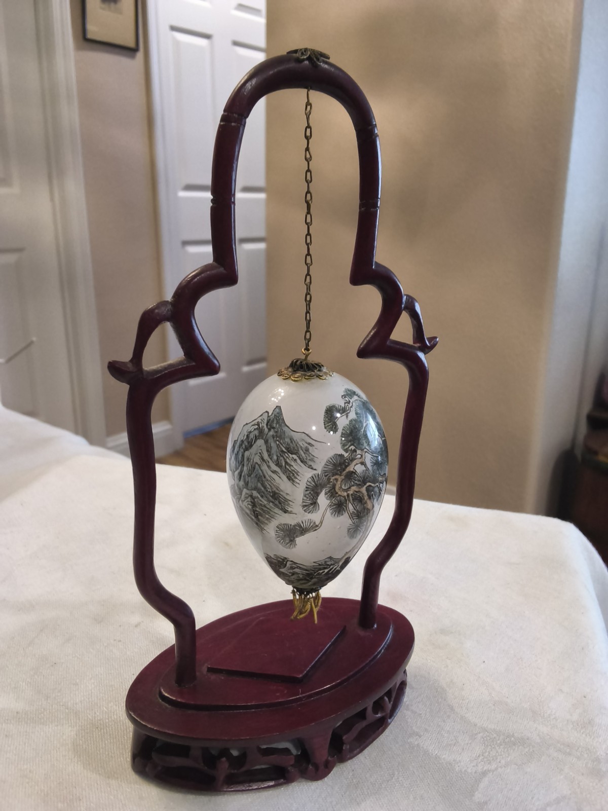 VTG Chinese Reverse Hand Painted Glass Egg Wooden Stand Sophisticated Elegant A1