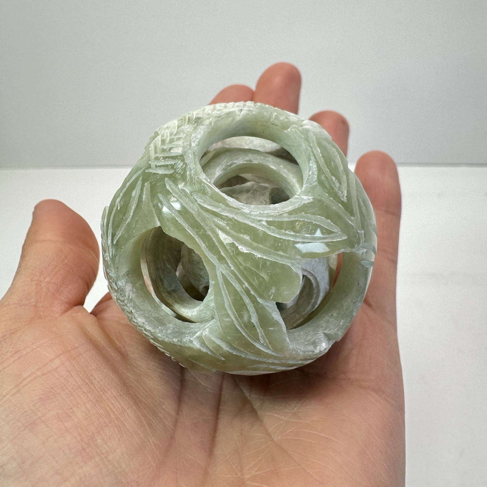Vintage Chinese Carved Jade Stone Puzzle Ball Sphere 4-Layers Deep 2”