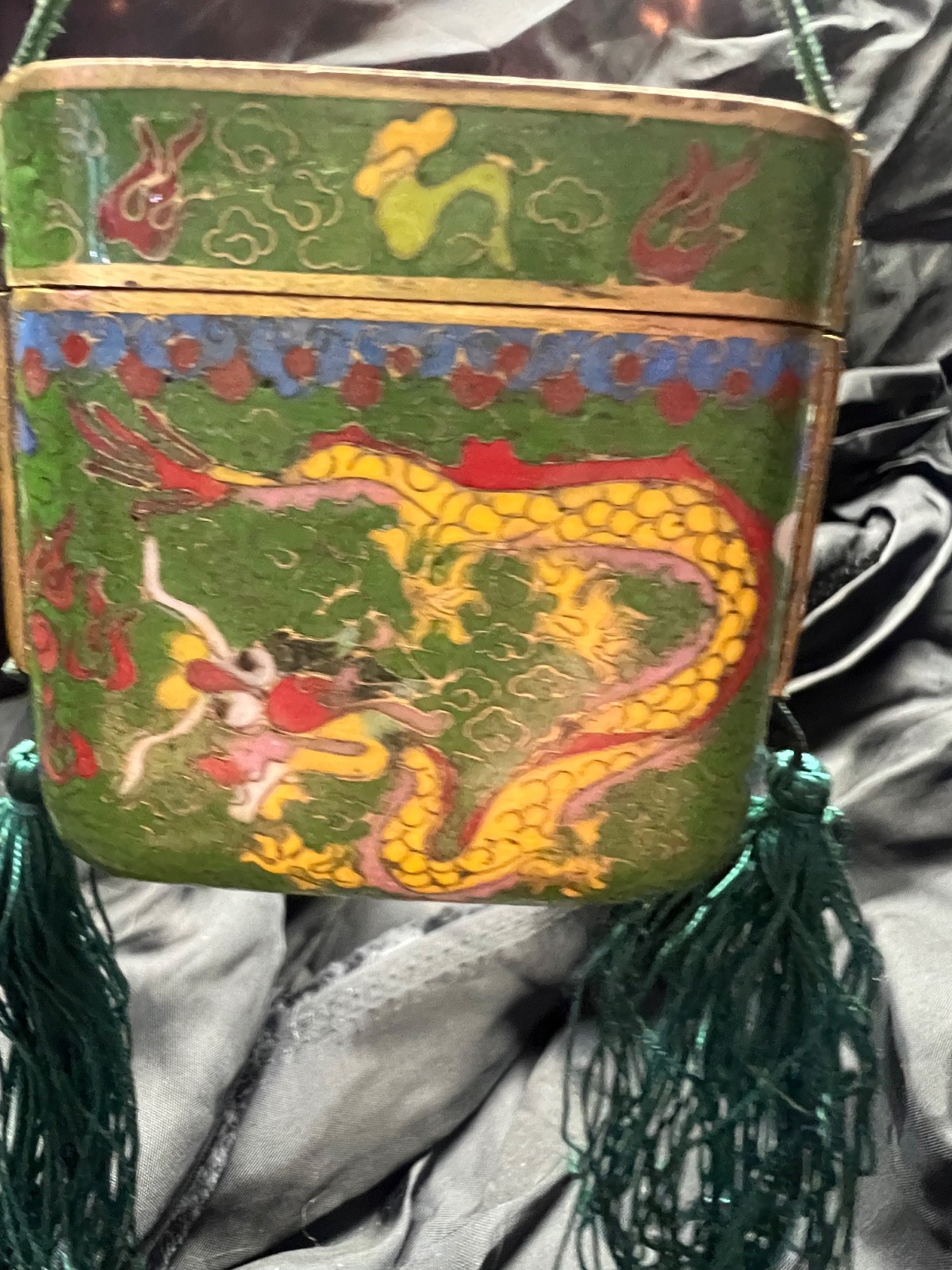 Vintage CHINESE CLOISONNE ENAMEL BRASS PURSE – green dragon