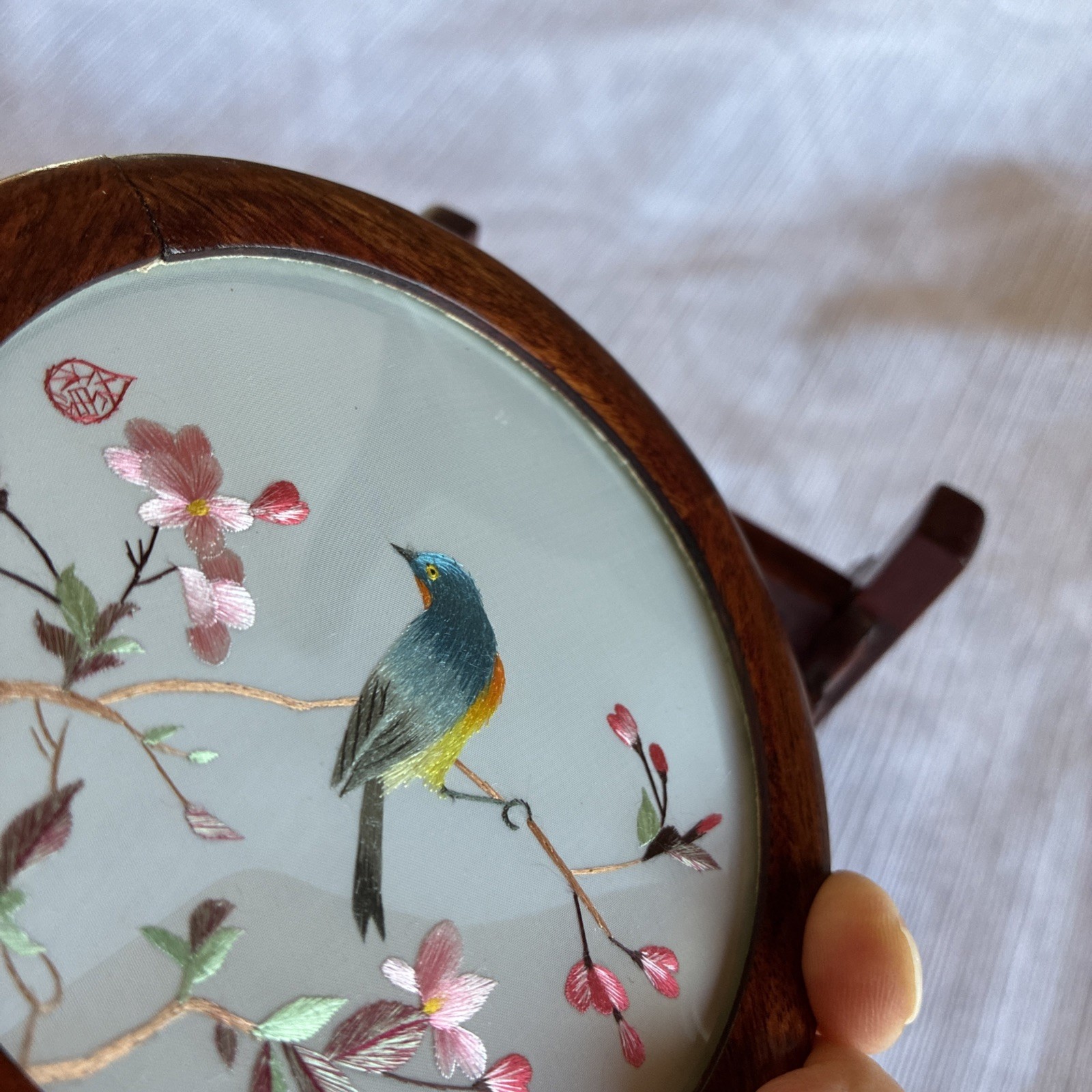 VNTG Chinese Silk Double Sided Embroidery Songbird Round Table Screen Wood/4.5”