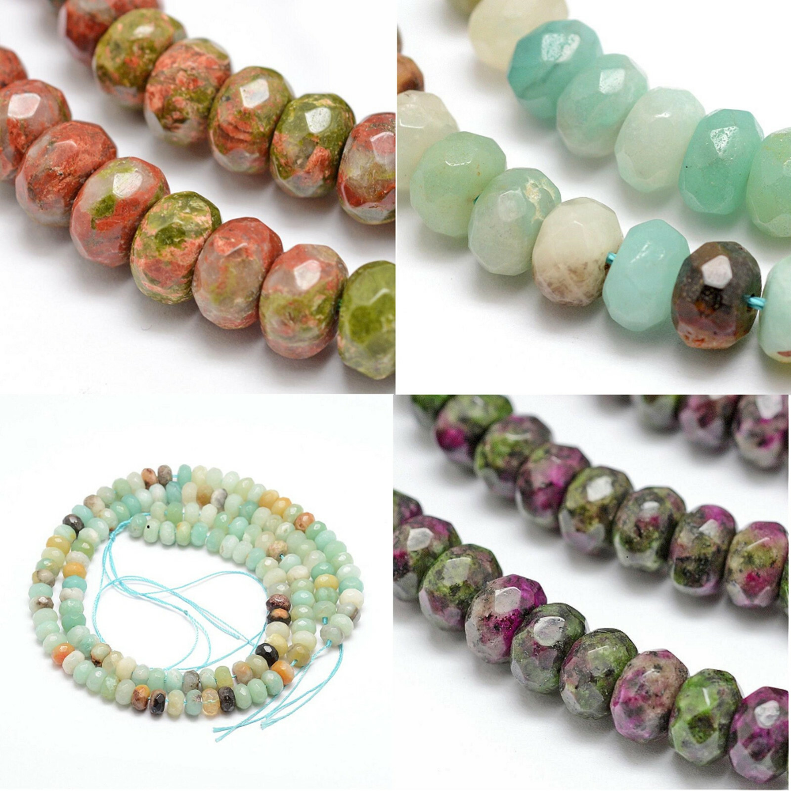 Faceted Natural Amazonite, Unakite, Ruby in Zoisite Rondelle Beads Strands.8x5mm