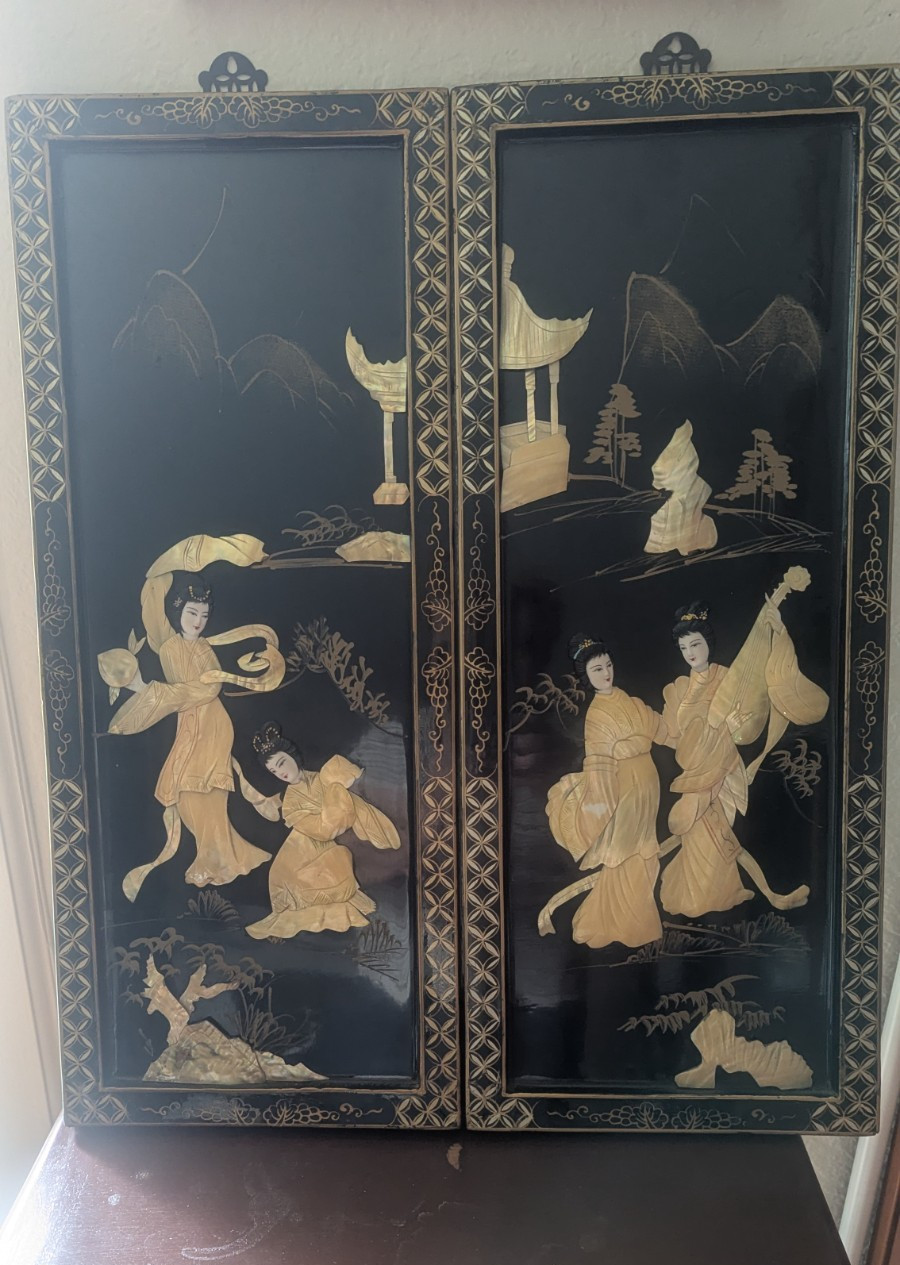 Vintage Asian Black Lacquer Mother of Pearl Geisha Wood Wall Panels- Set of 2