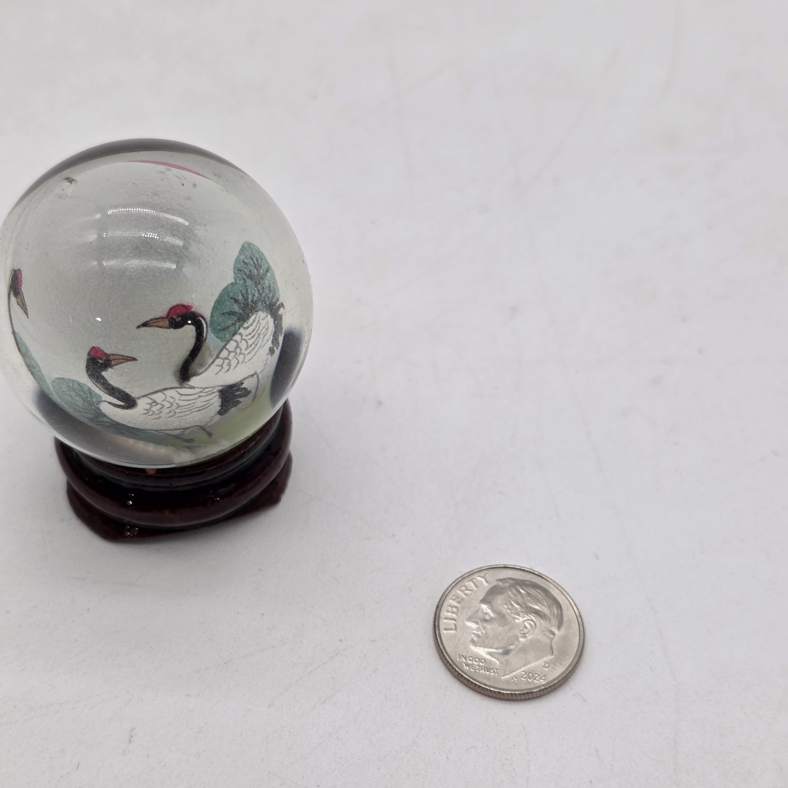 Vintage Reverse Hand Painted Cranes Revolving Sphere Ball Paperweight on Stand