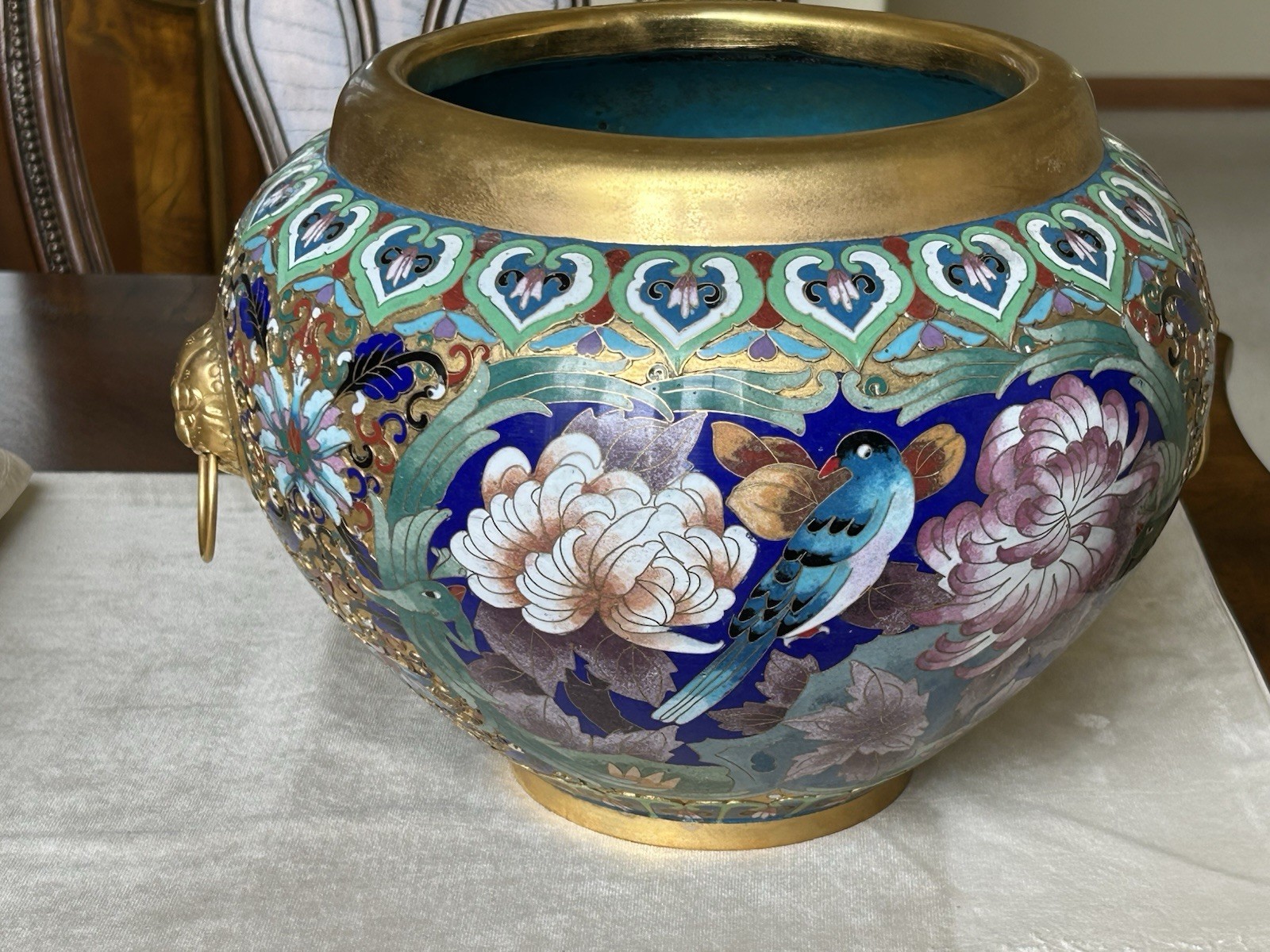 Chinese Cloisonné Planter Flower Pot Peonies Birds Lion Head Accent Brass