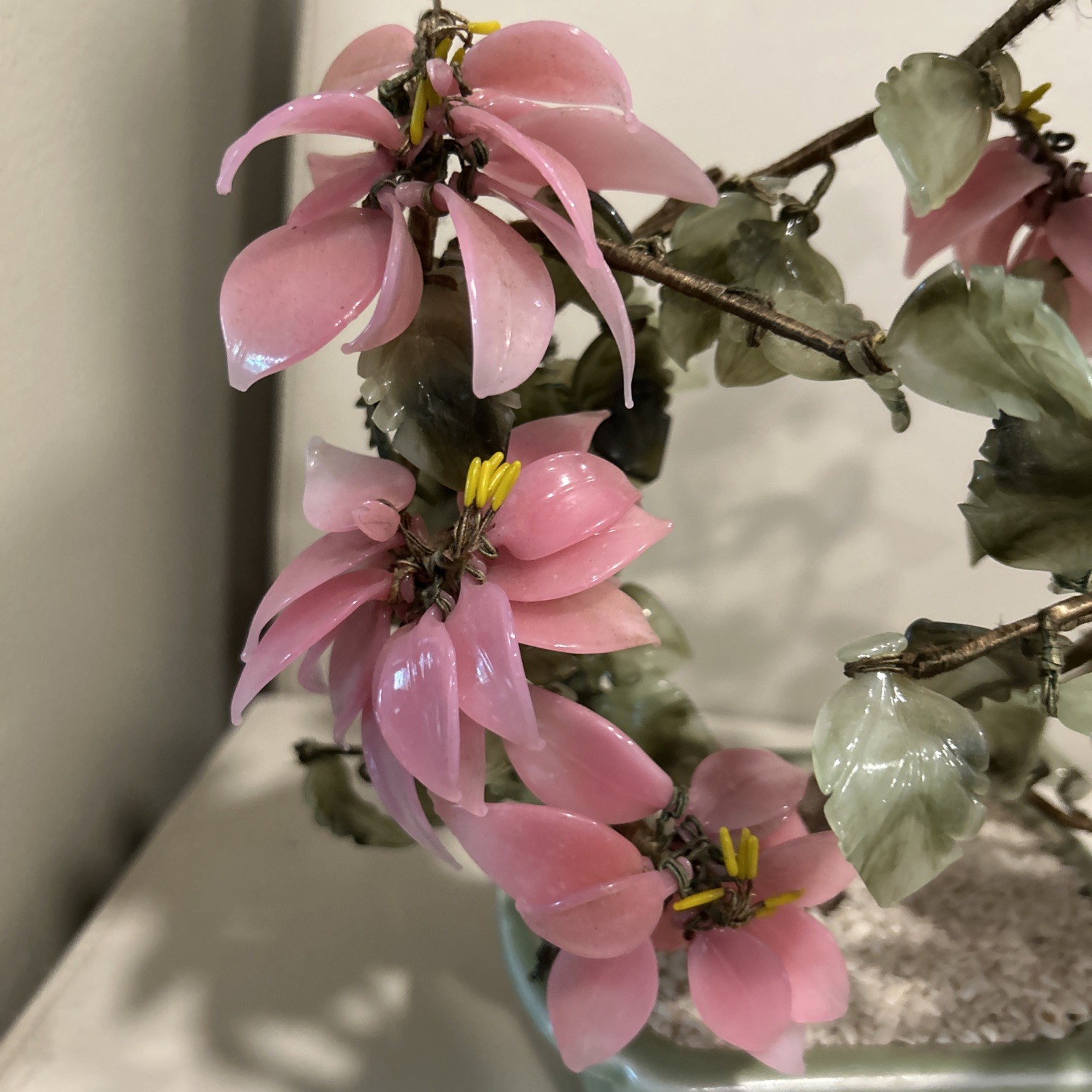 Vintage Large Asian Jade Glass Flowering Pink Cherry Blossom Bonsai Tree Decor