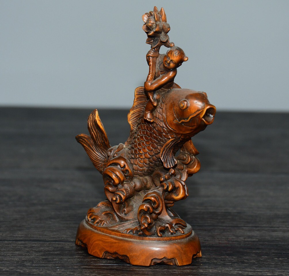 4.5″ Collect Chinese Box-wood Carving Boy Ride Goldfish Statue