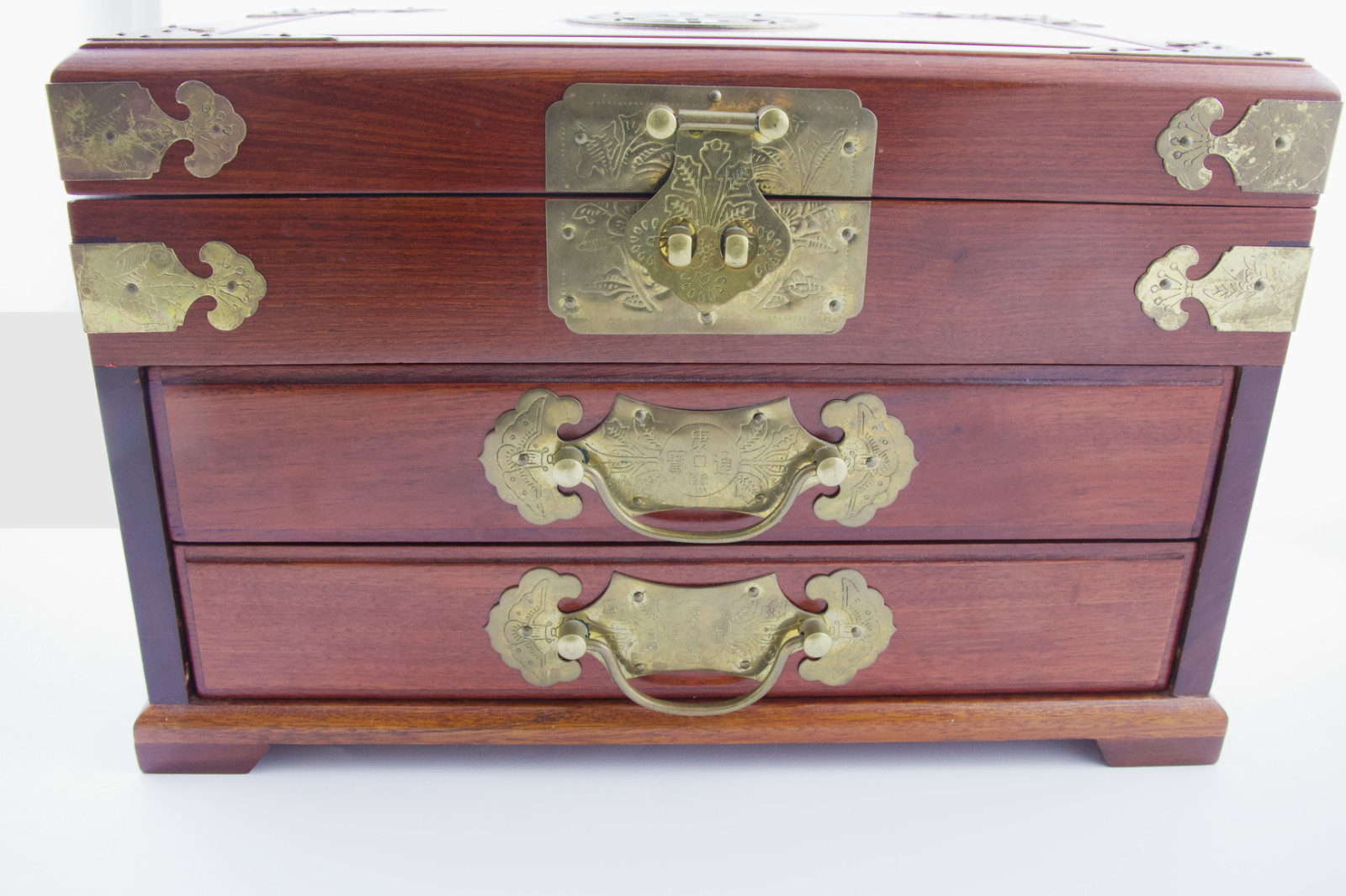 Large Chinese Rosewood & Brass 2 Drawer Flip Top Jewelry Box Longevity Symbol