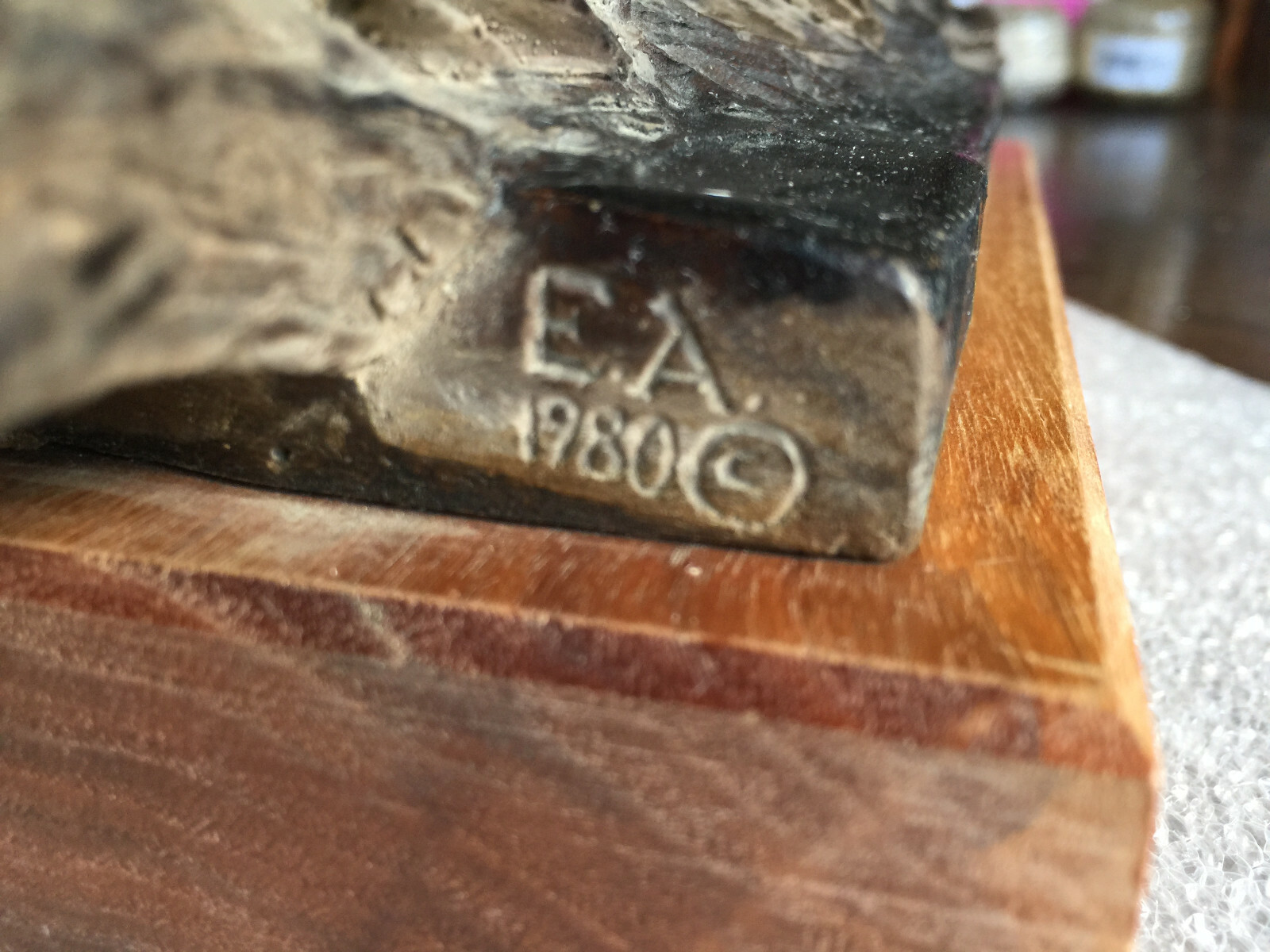 Vintage Burl wood carving of A Dear & its baby Signed E. A. 1980 8-1/4″H x19″L