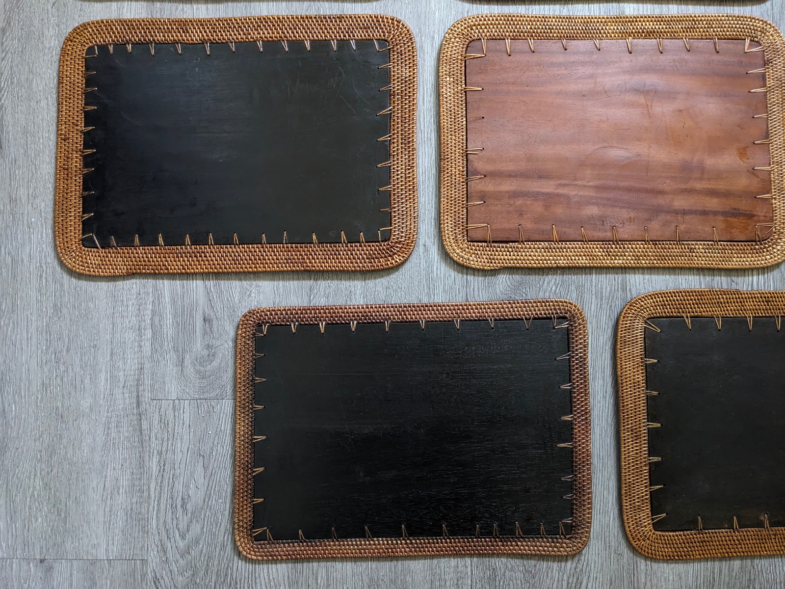 Vintage Mid Century Rattan Wood Placemats Shell Inlay Chinese Coin Boho Set of 8