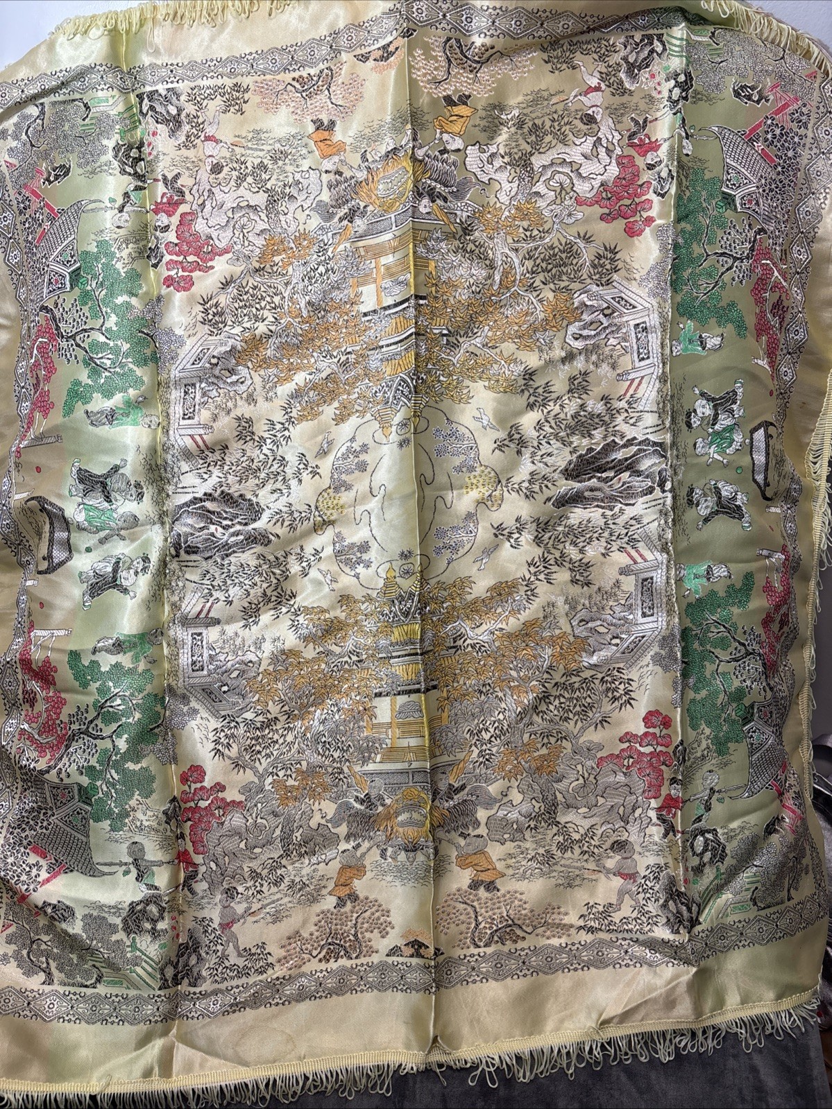 80s Vintage Chinese Silk Brocade Tablecloth, Wall Decor Tapestry Embroidery