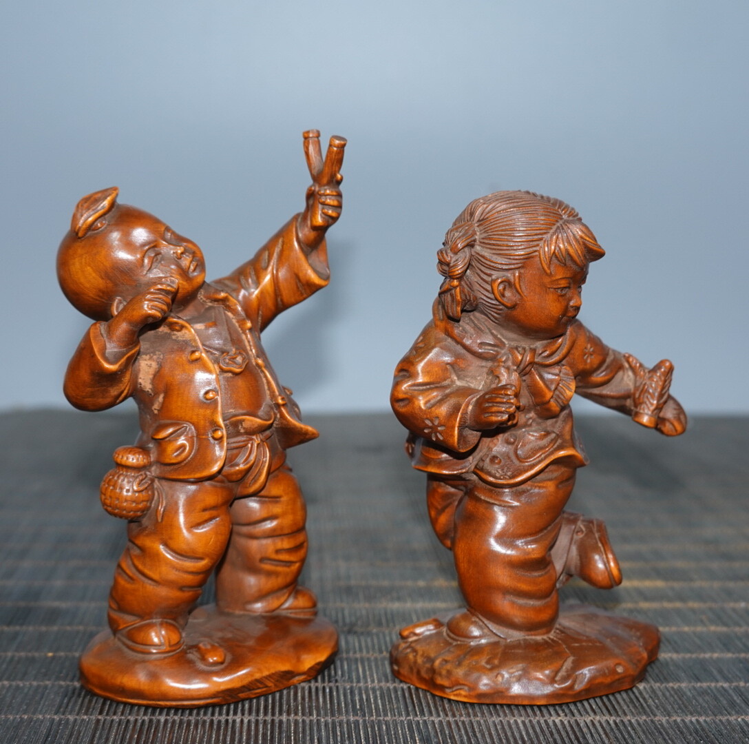 4.5″ Collect China Box-wood Carving Naughty Young Boys and Girls Statue Pair