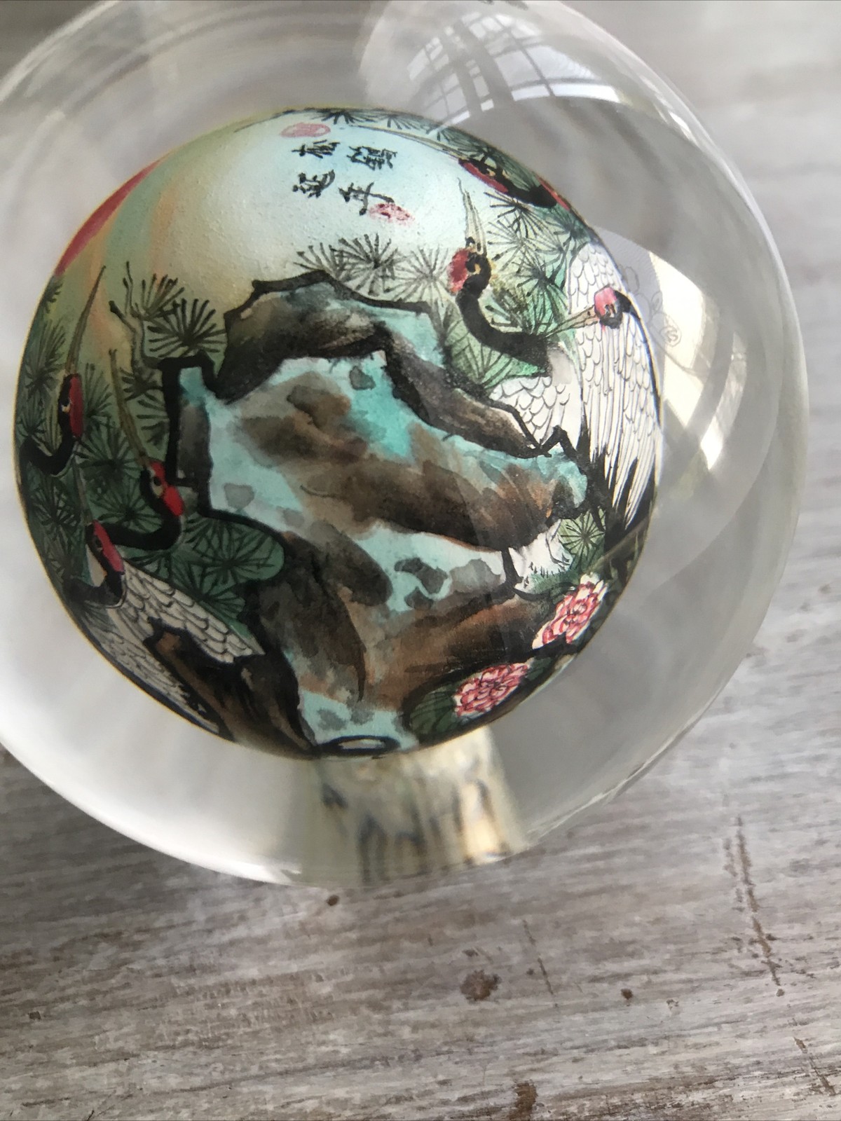 VTG Reverse Painted Glass Ball Sphere Paper Weight Oriental Asian Swan Bird
